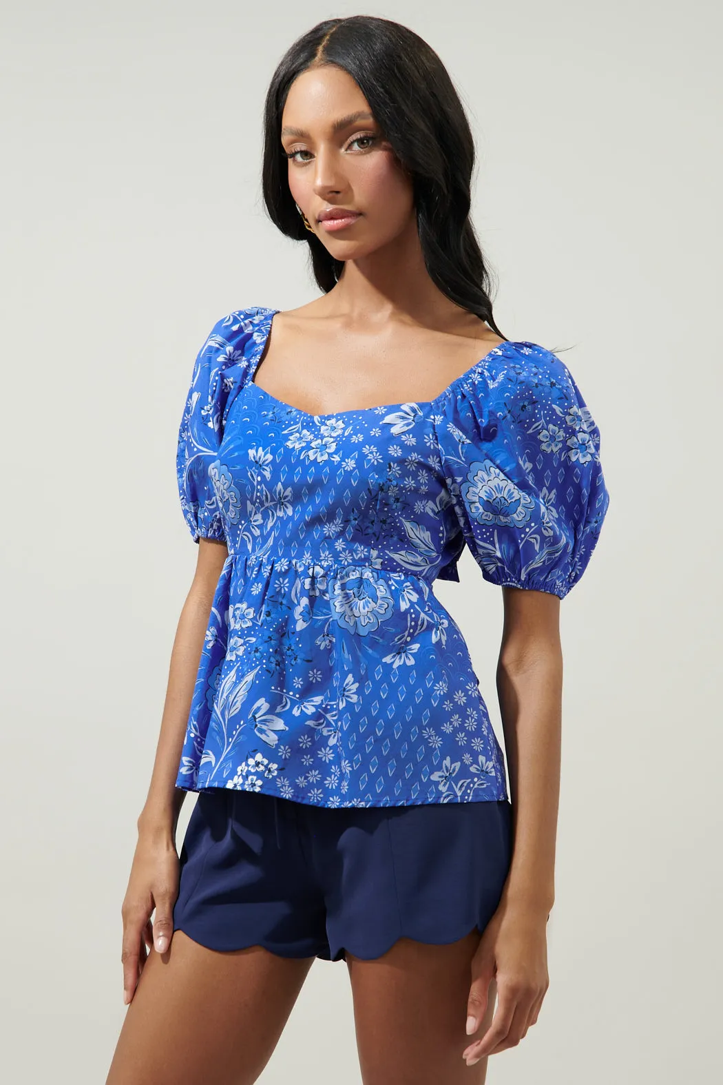 Amaya Mixed Print Cirus Back Tie Peplum Top