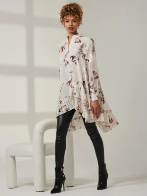 Asymmetric Tiered Hem Shirt, Cream Floral