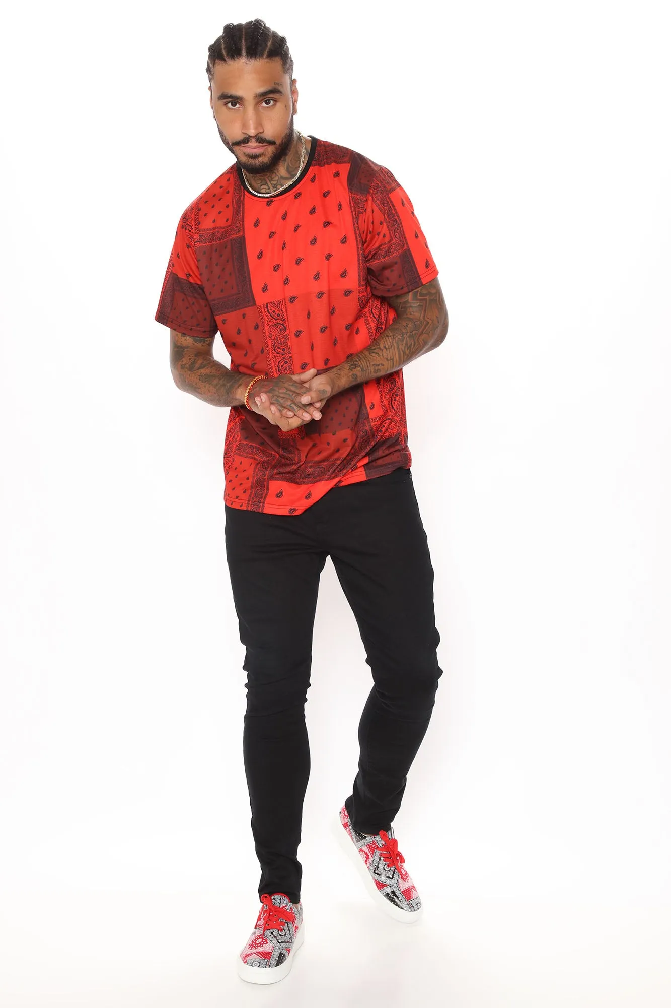 Bandana Patchwork Short Sleeve Tee  - Red/Black