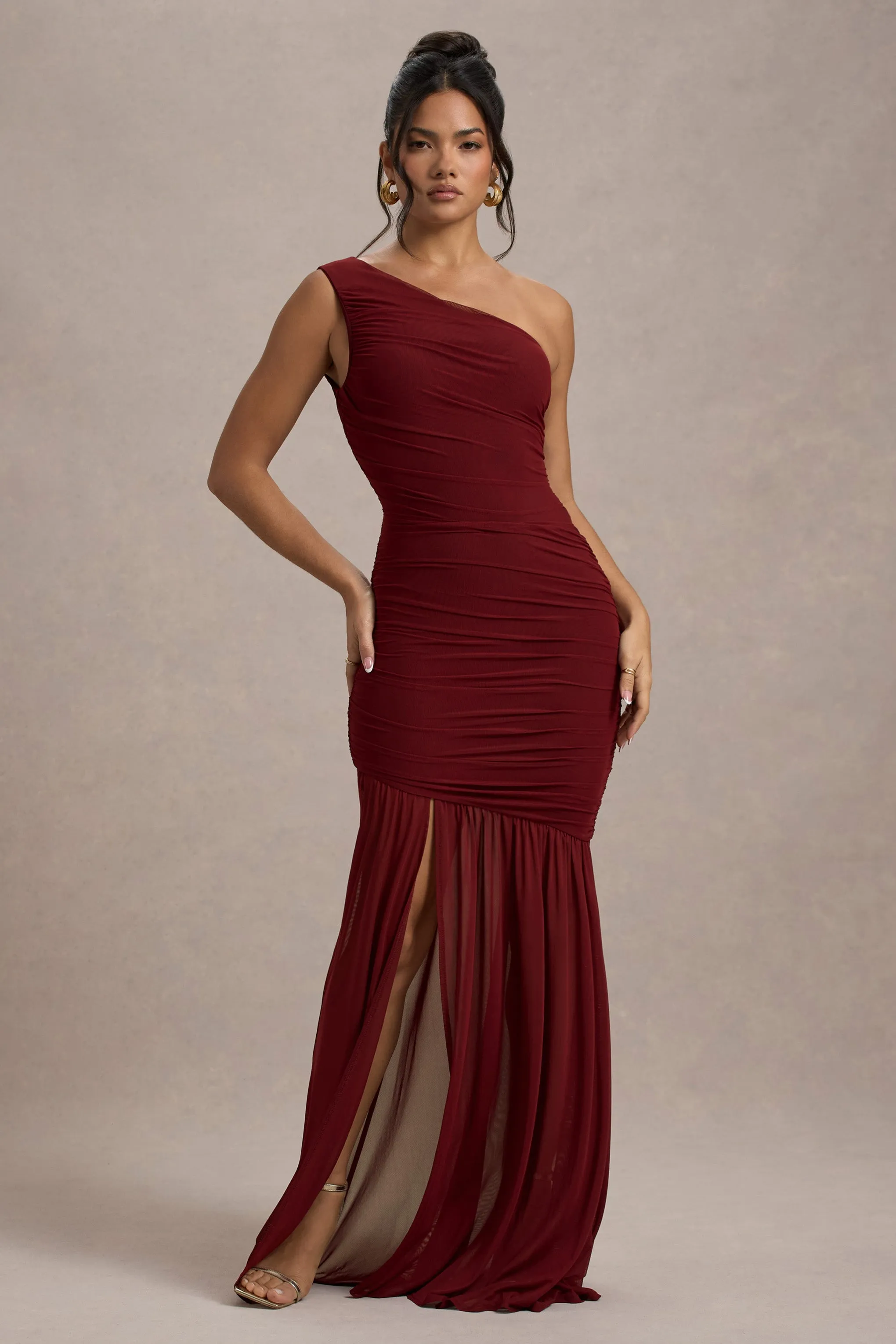 Bastia | Burgundy Ruched Mesh Asymmetric Maxi Dress