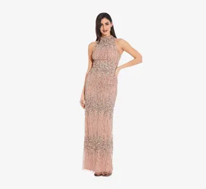 Beaded Column Gown with Graceful Mock Neckline in Rose Gold