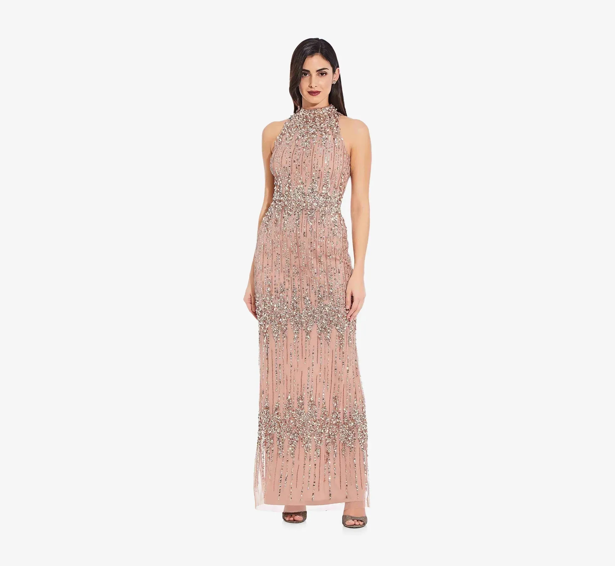 Beaded Column Gown with Graceful Mock Neckline in Rose Gold