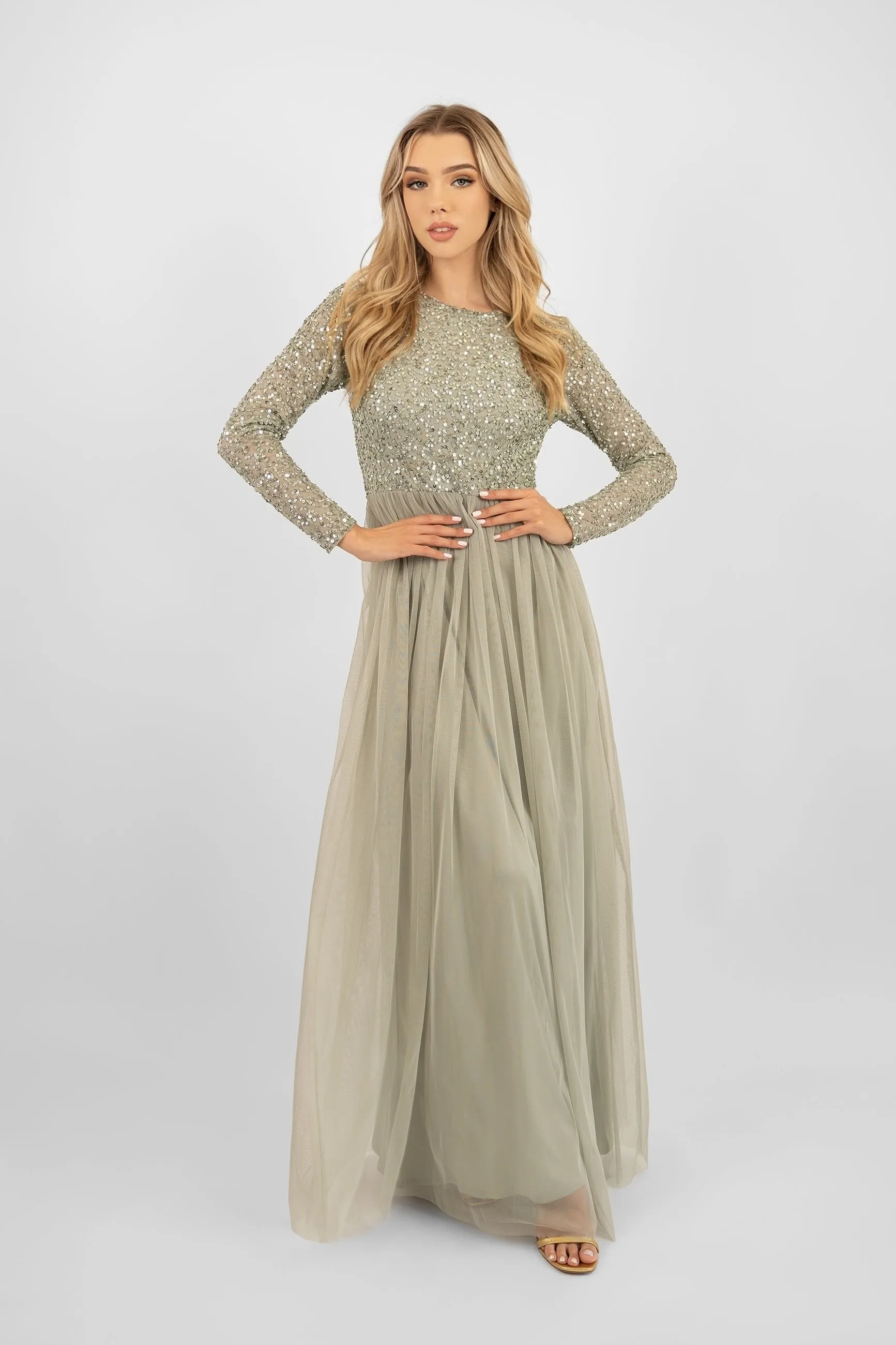 Belle Sage Green Long Sleeve Bridesmaid Dress