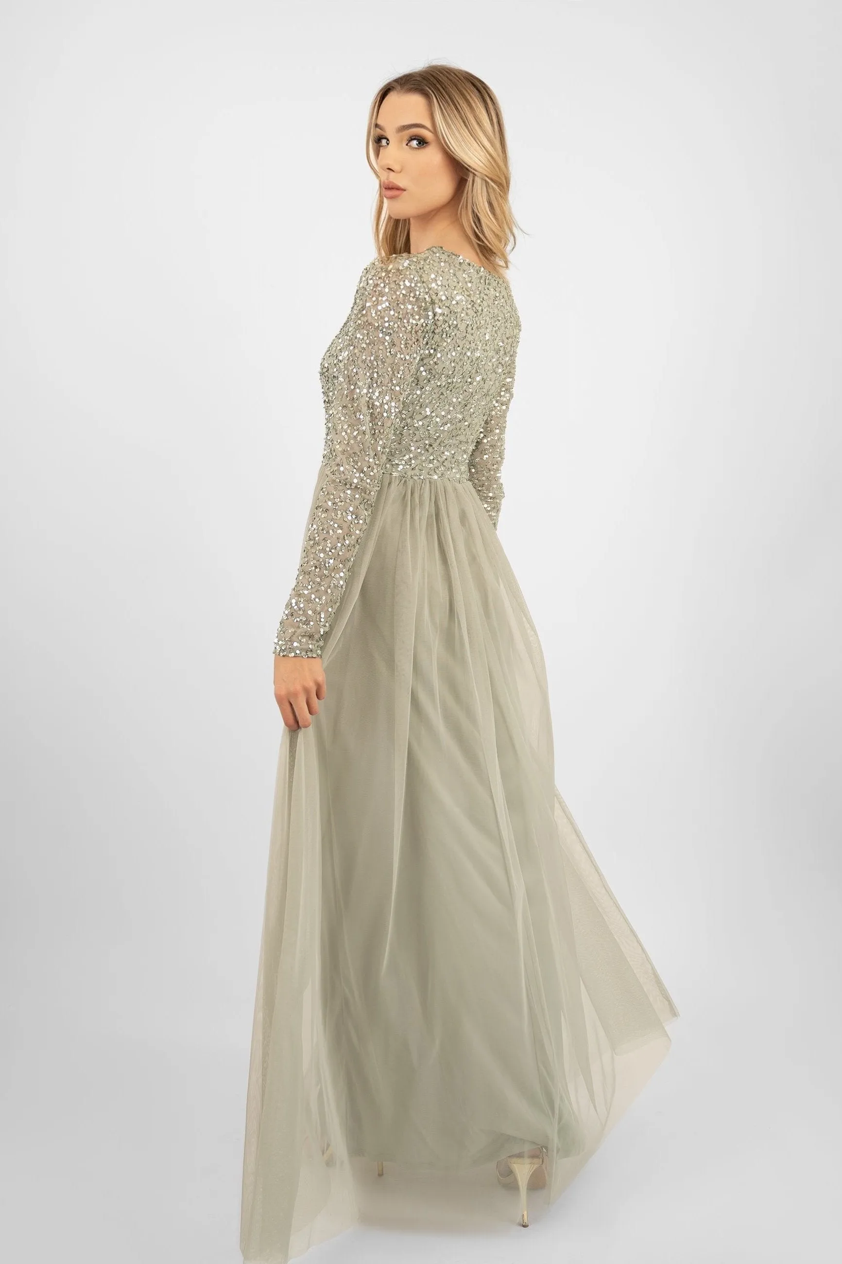 Belle Sage Green Long Sleeve Bridesmaid Dress