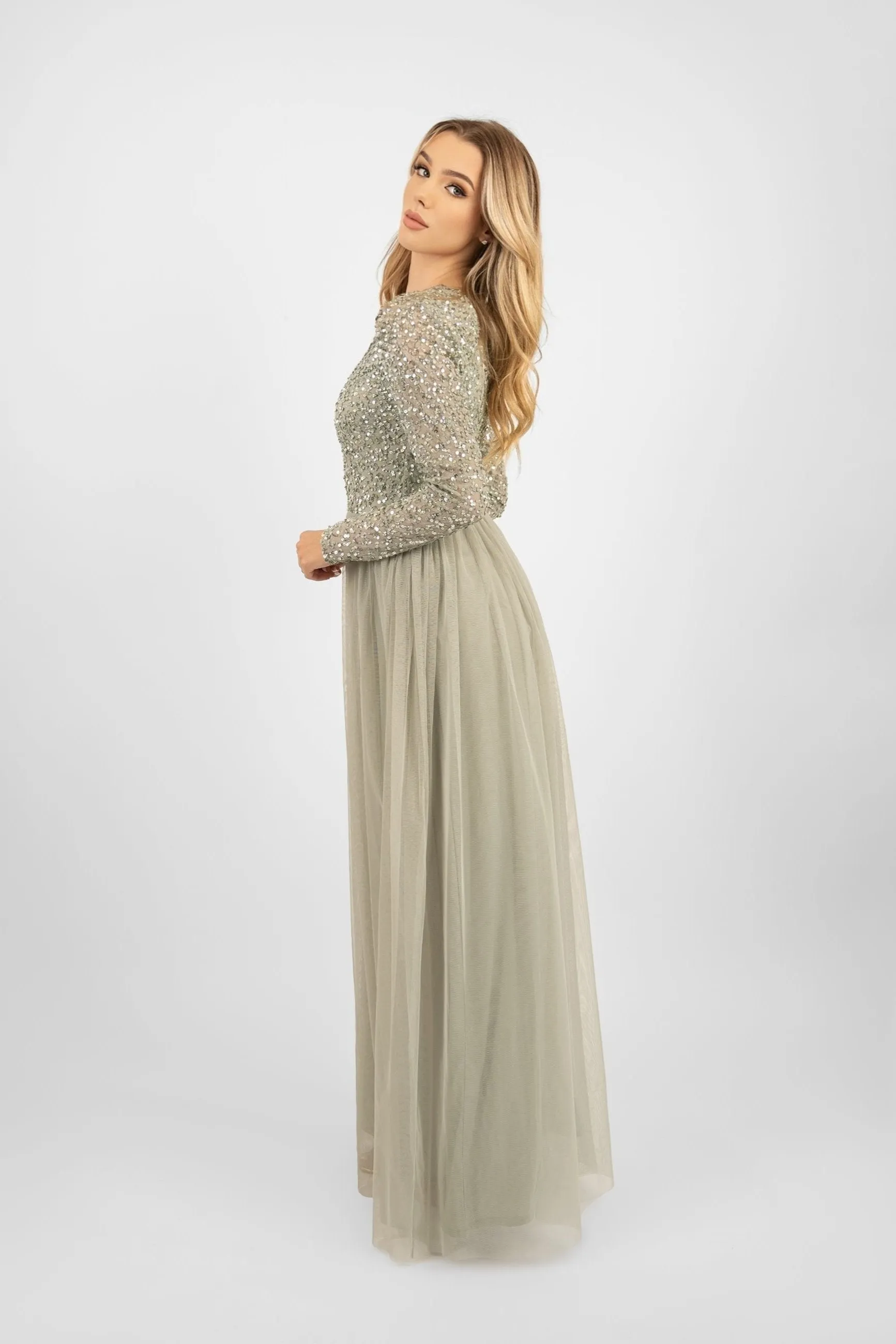 Belle Sage Green Long Sleeve Bridesmaid Dress