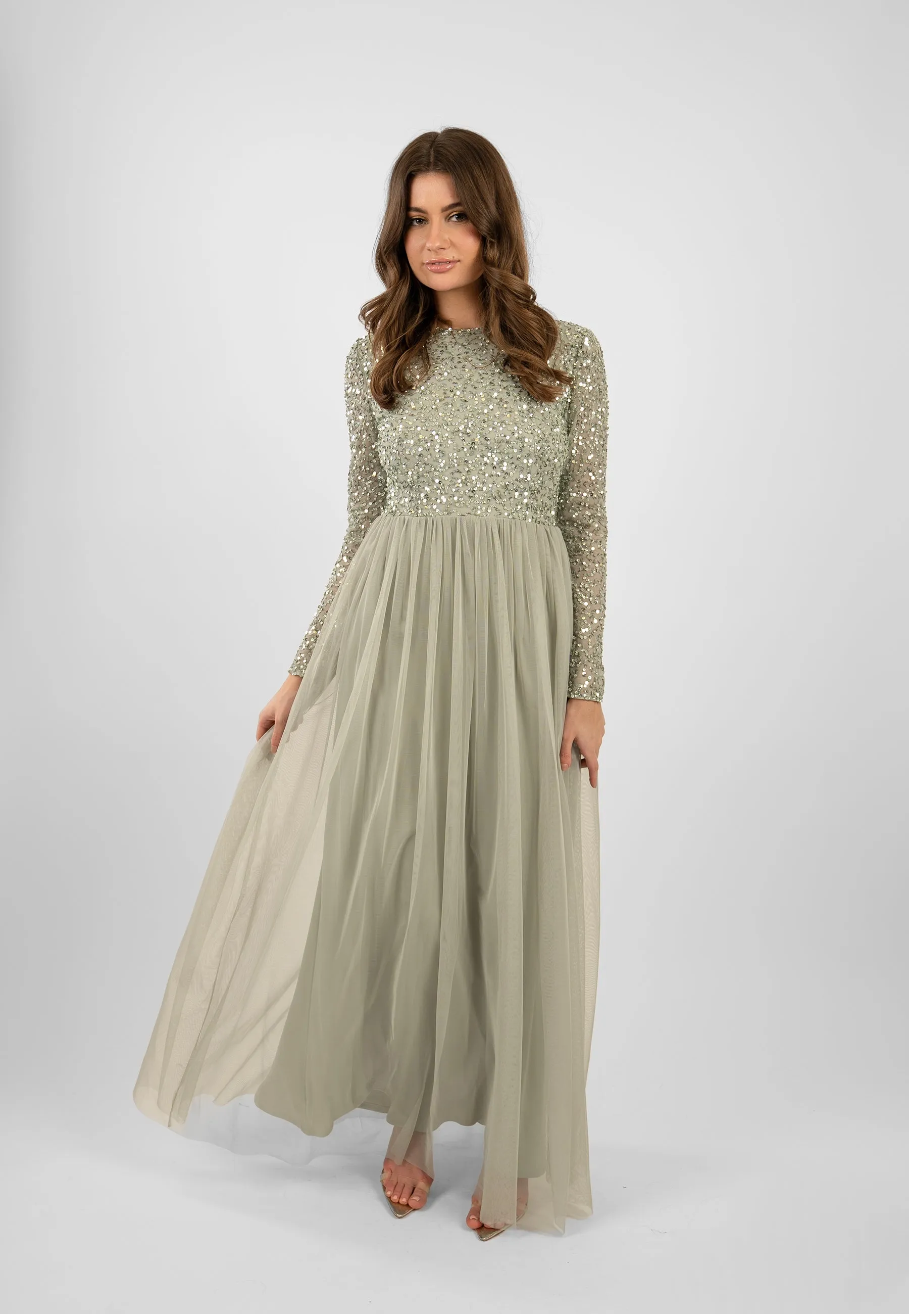 Belle Sage Green Long Sleeve Bridesmaid Dress