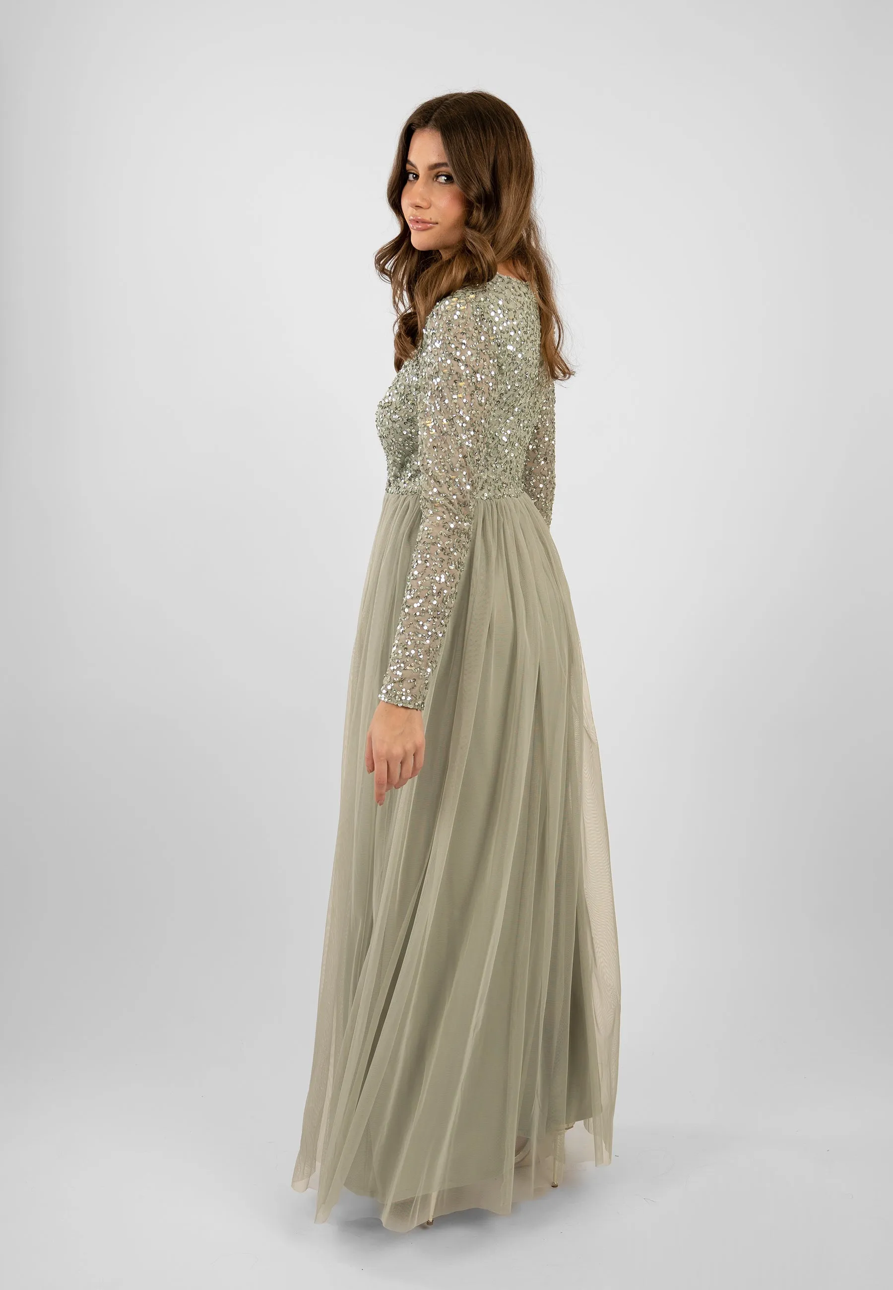 Belle Sage Green Long Sleeve Bridesmaid Dress