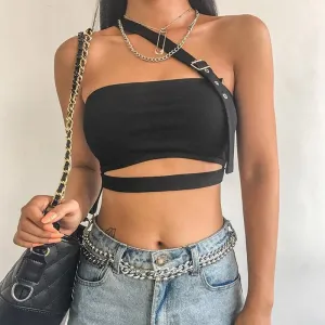 Black Adjustable Spaghetti Strap One Shoulder Hollow Sexy Cropped Sleeveless