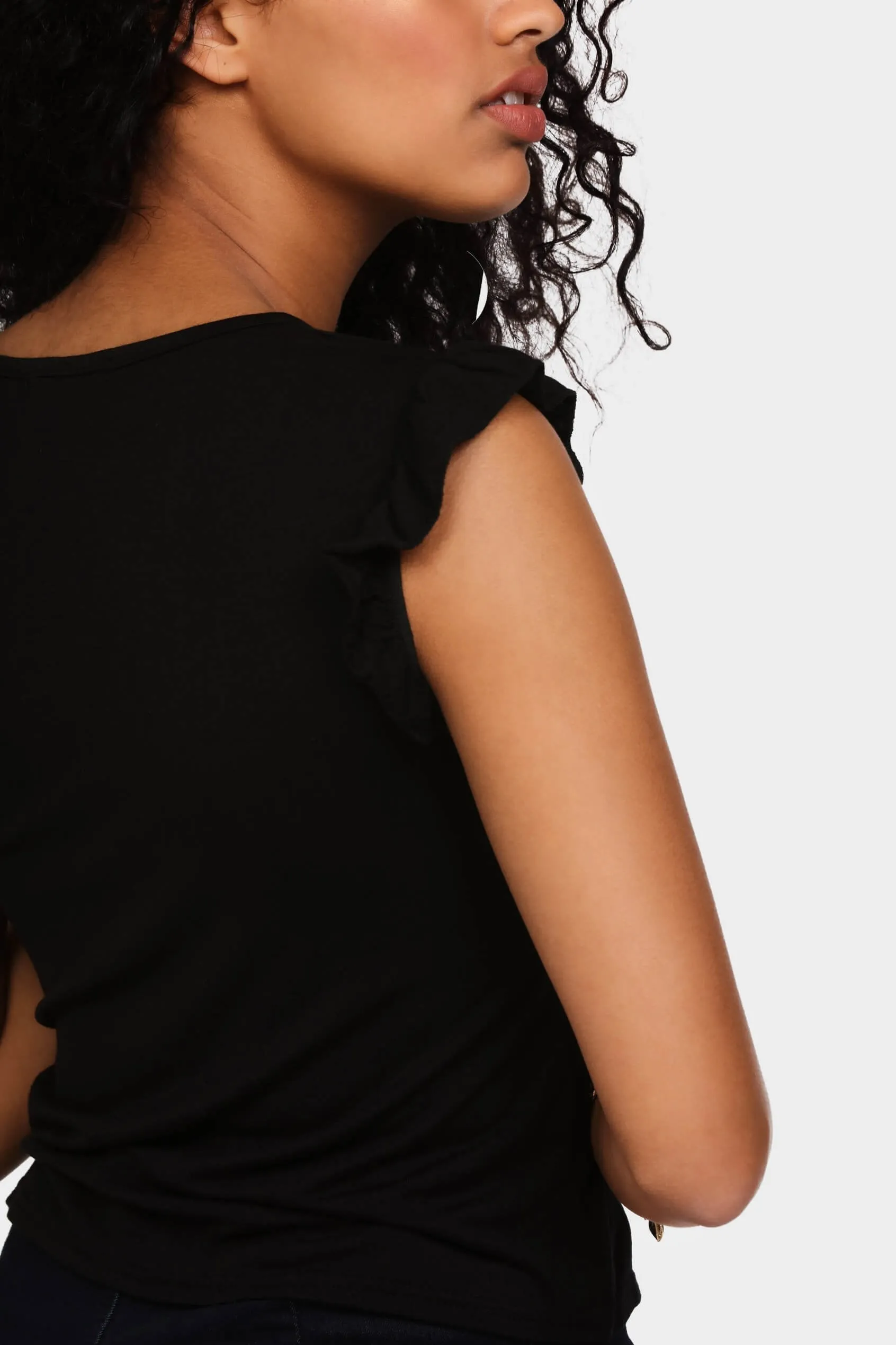 Black Frill Sleeve Top With Keyhole Front