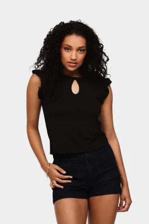 Black Frill Sleeve Top With Keyhole Front