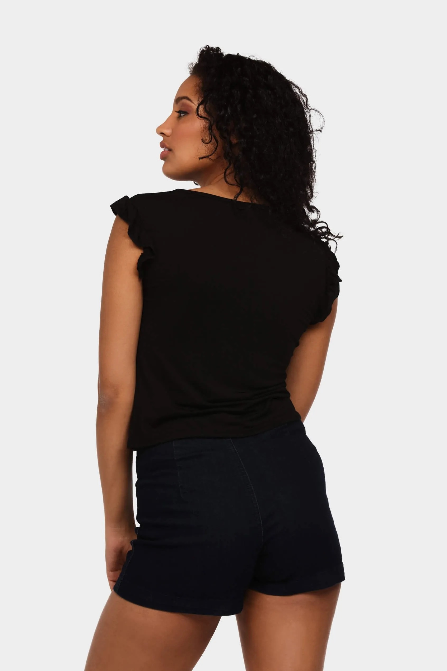 Black Frill Sleeve Top With Keyhole Front