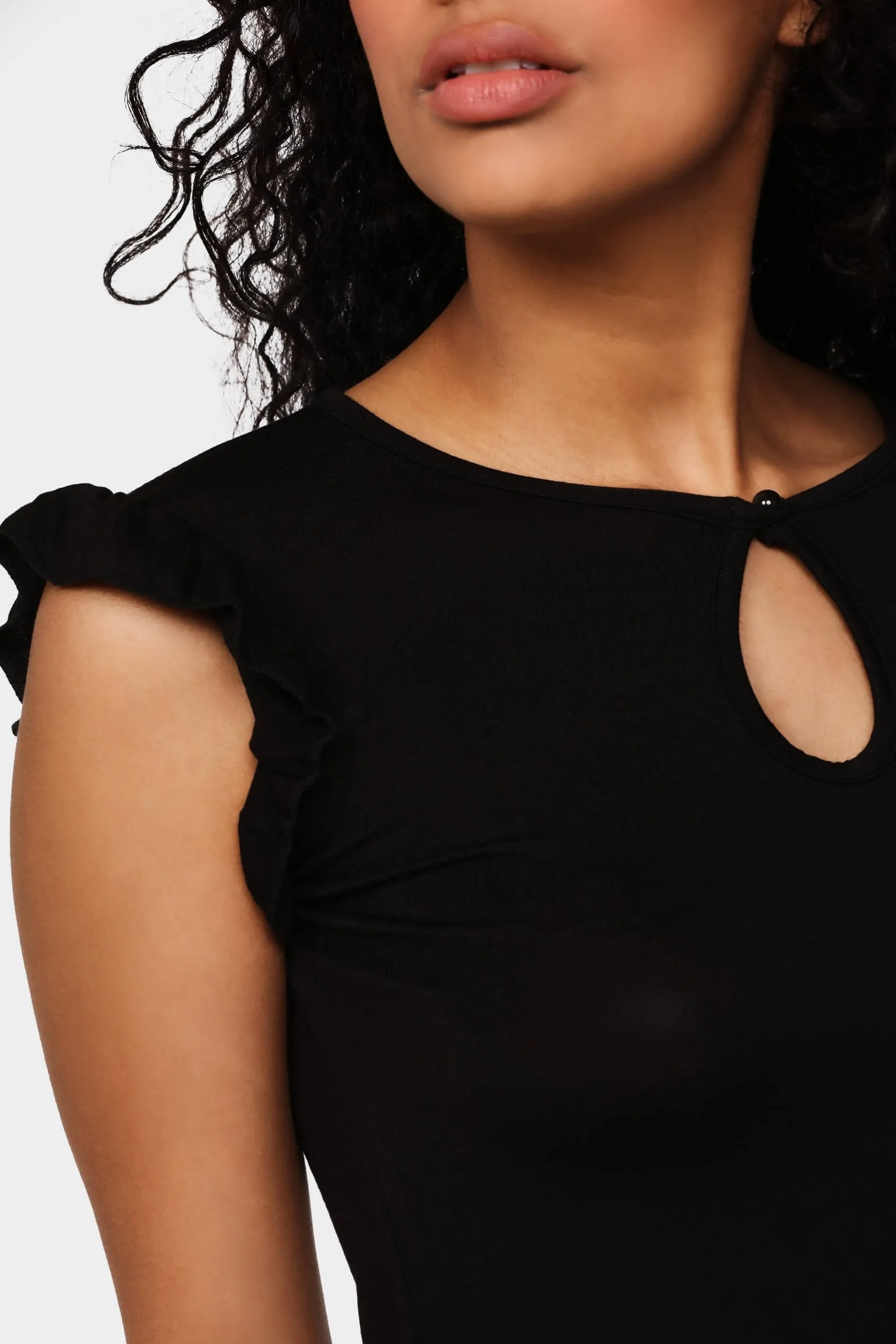 Black Frill Sleeve Top With Keyhole Front