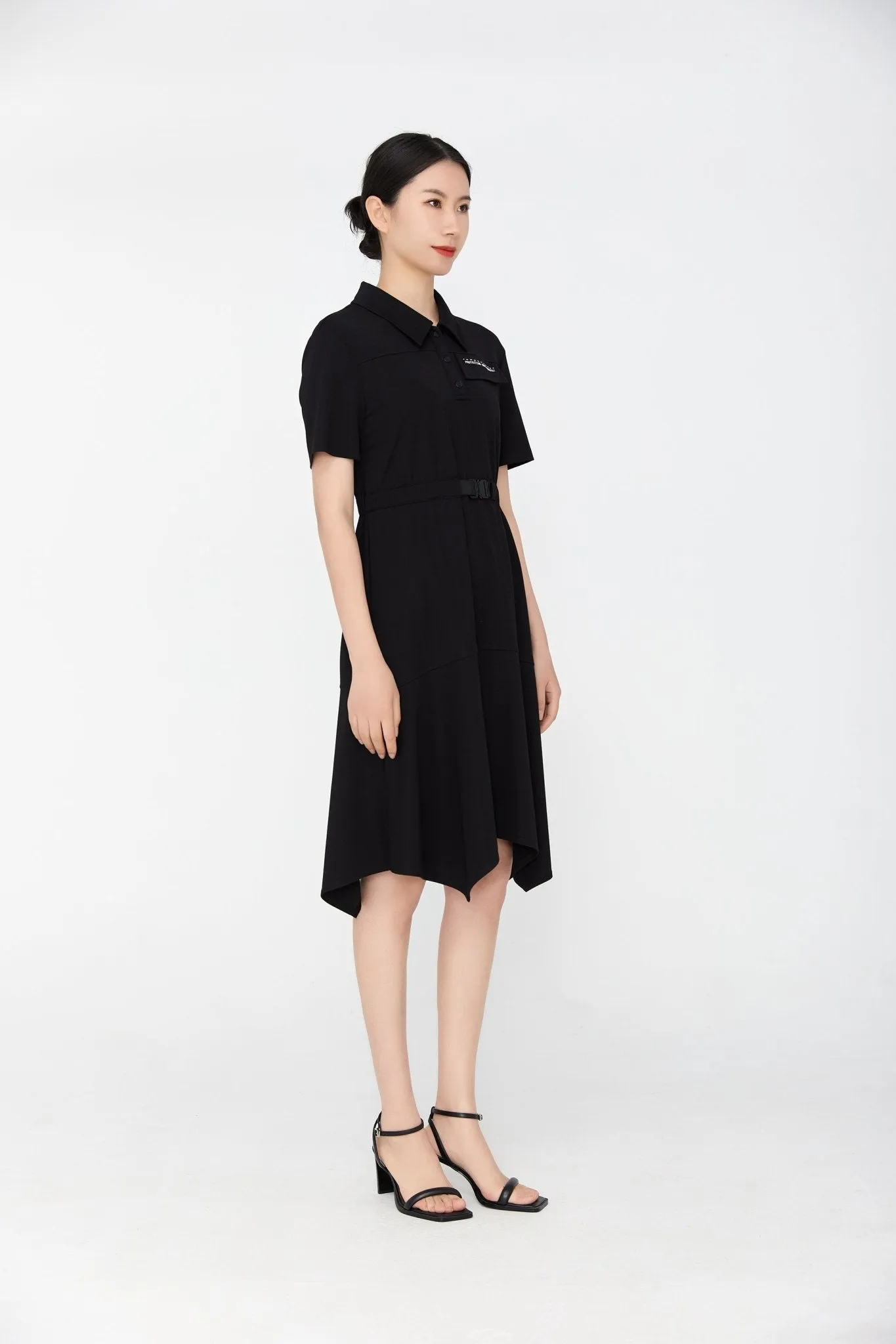 Black Polo Collar Waist Dress