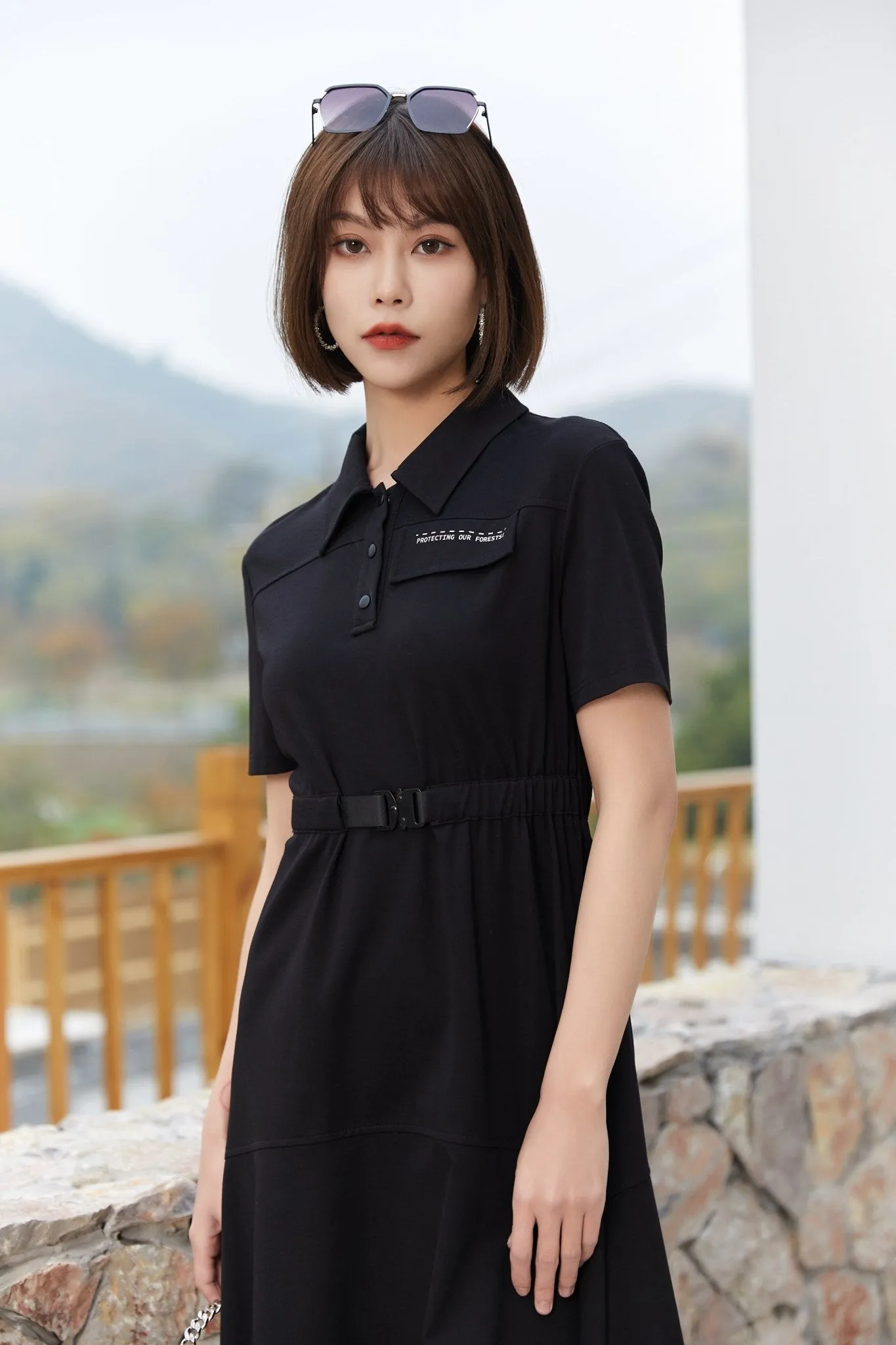 Black Polo Collar Waist Dress