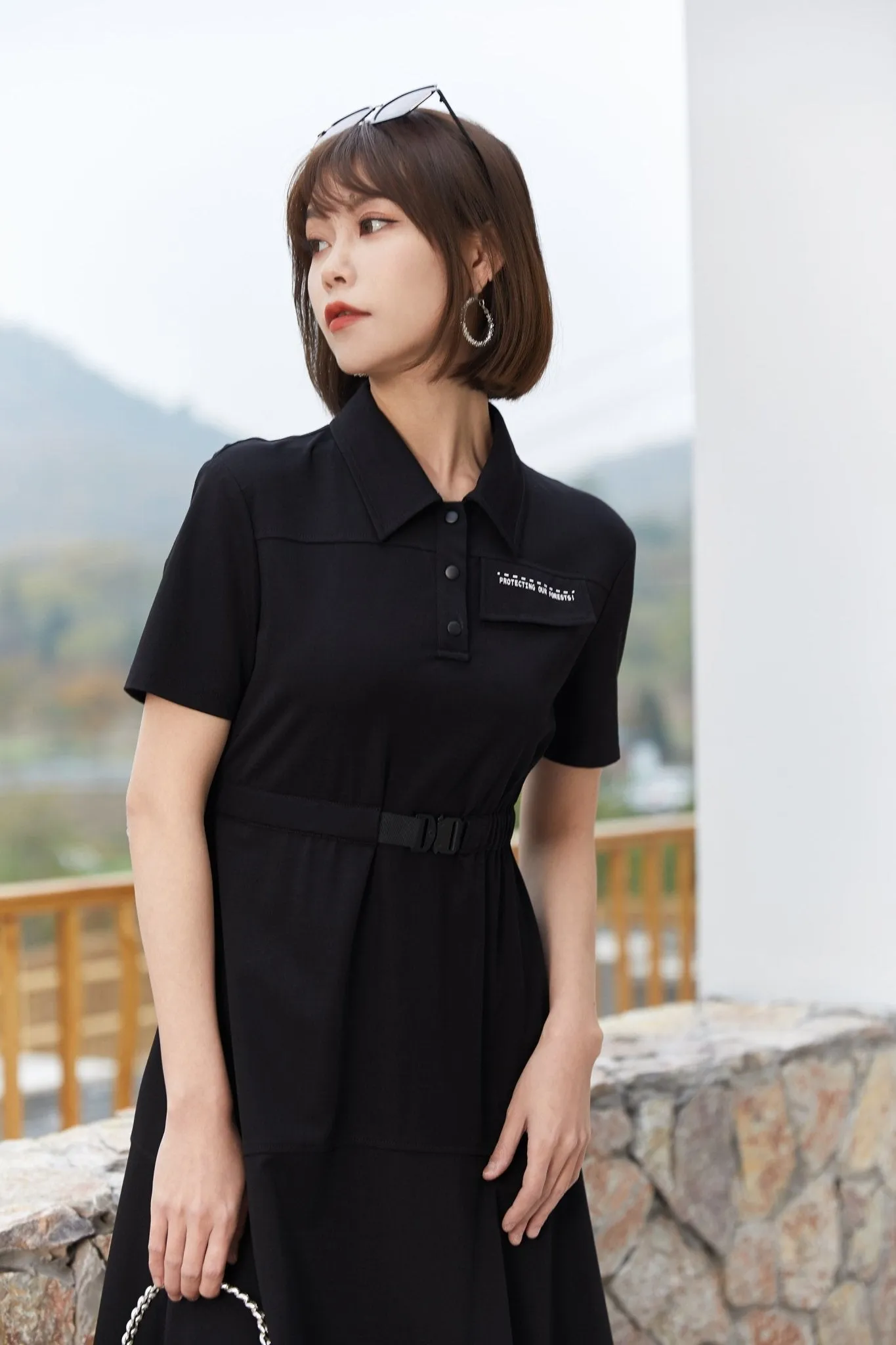 Black Polo Collar Waist Dress