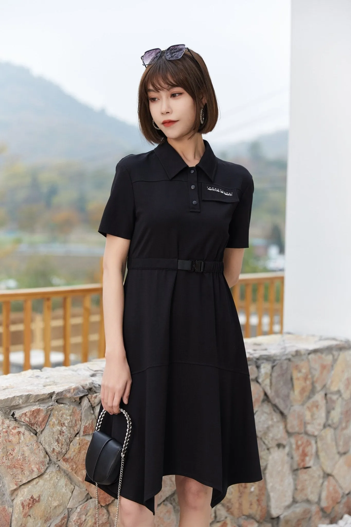 Black Polo Collar Waist Dress