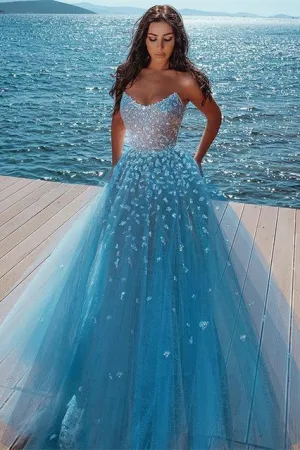 Charming Long A-Line Strapless Lace Tulle Prom Dress