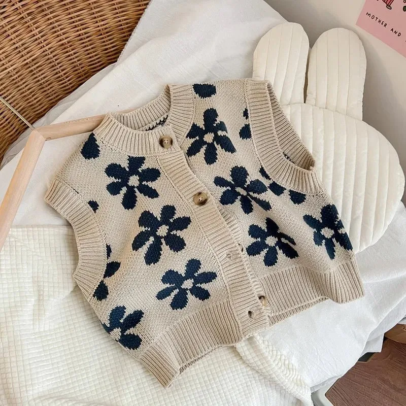 Chic Floral Knit Sleeveless Cardigan for Girls