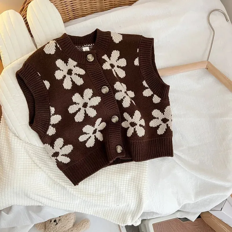 Chic Floral Knit Sleeveless Cardigan for Girls