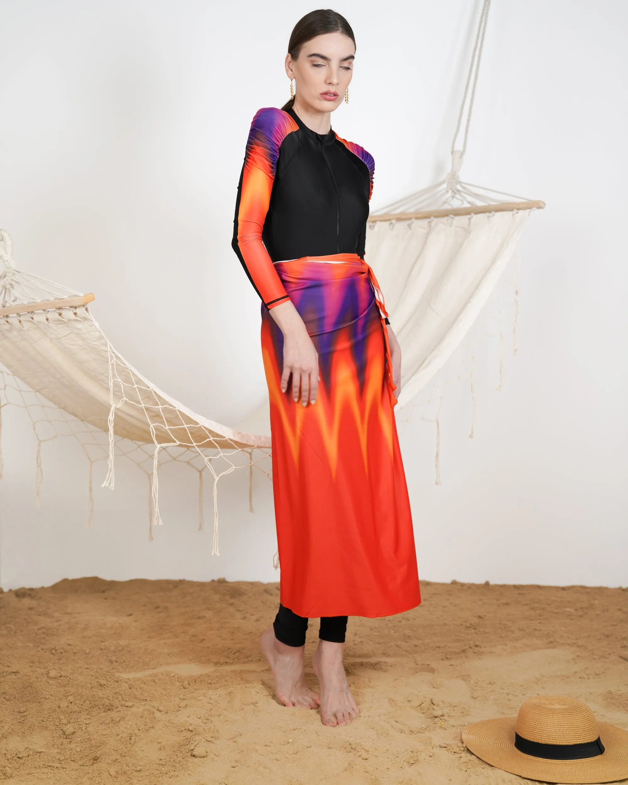 Colorblock Burkini Swimsuit with Beach skirt 3142 - ملابس سباحة