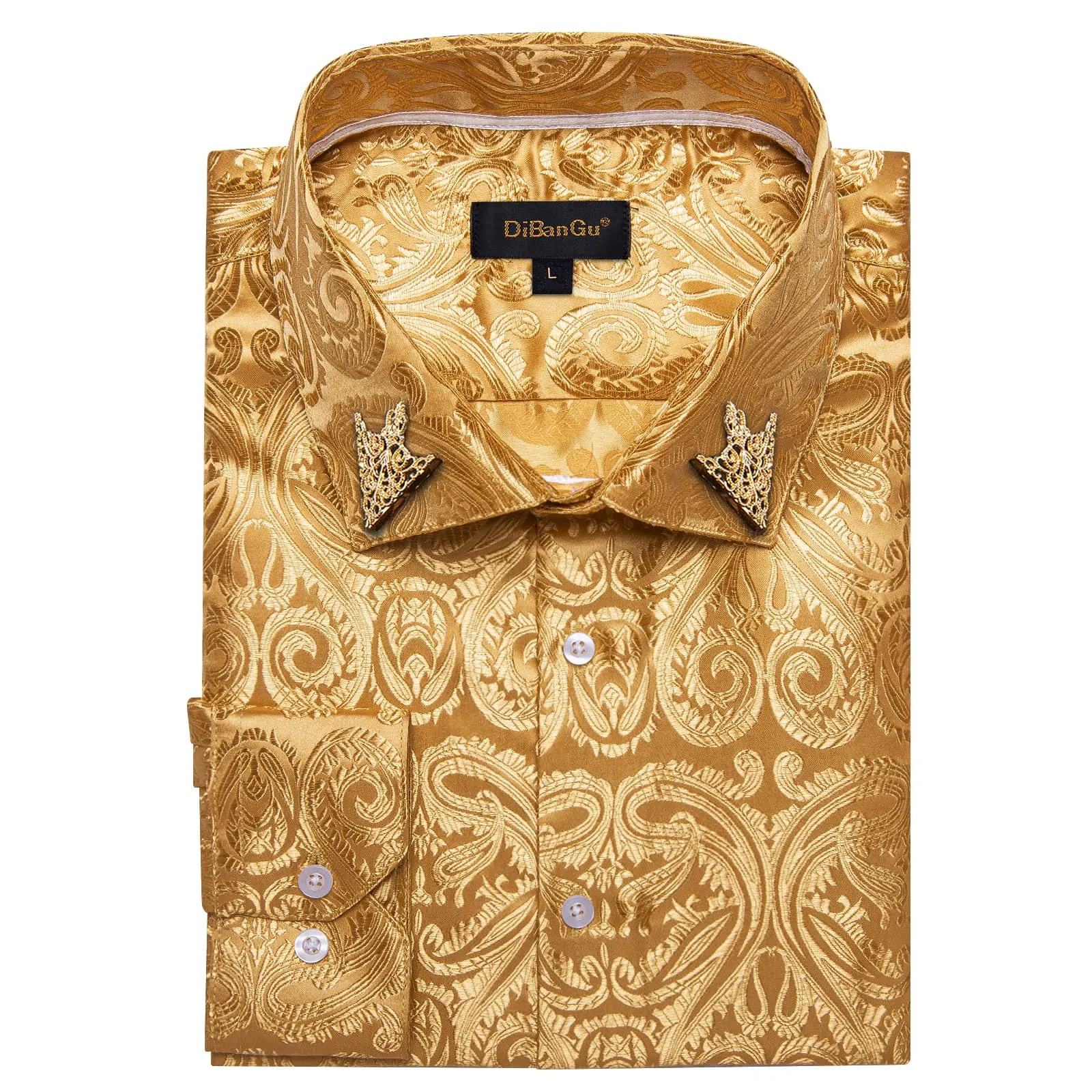 DiBanGu Shirt for Men Lion Brown Paisley Silk Button Up Long Sleeve Shirt Design