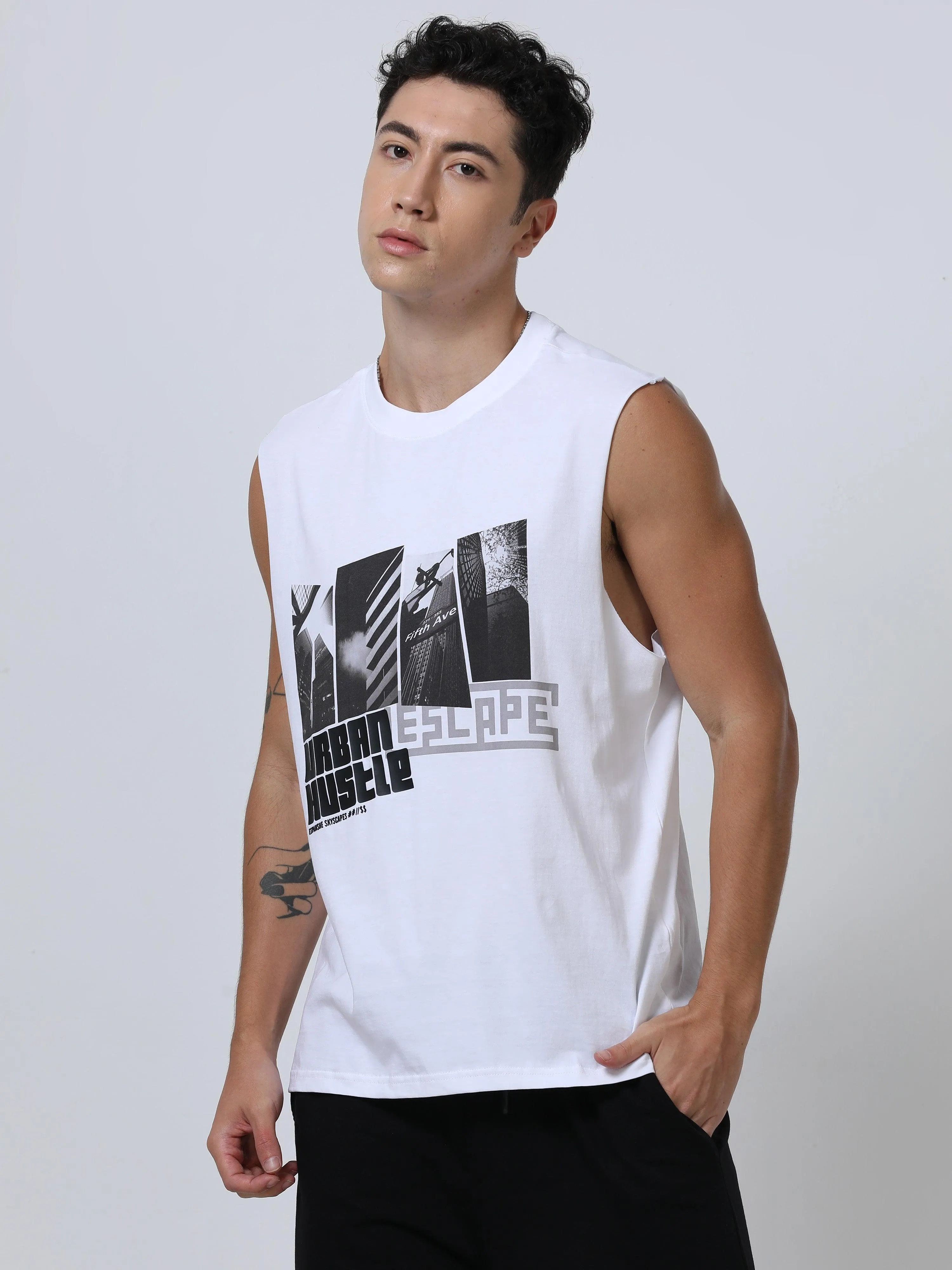 Escape Printed Sleeveless T-Shirt White