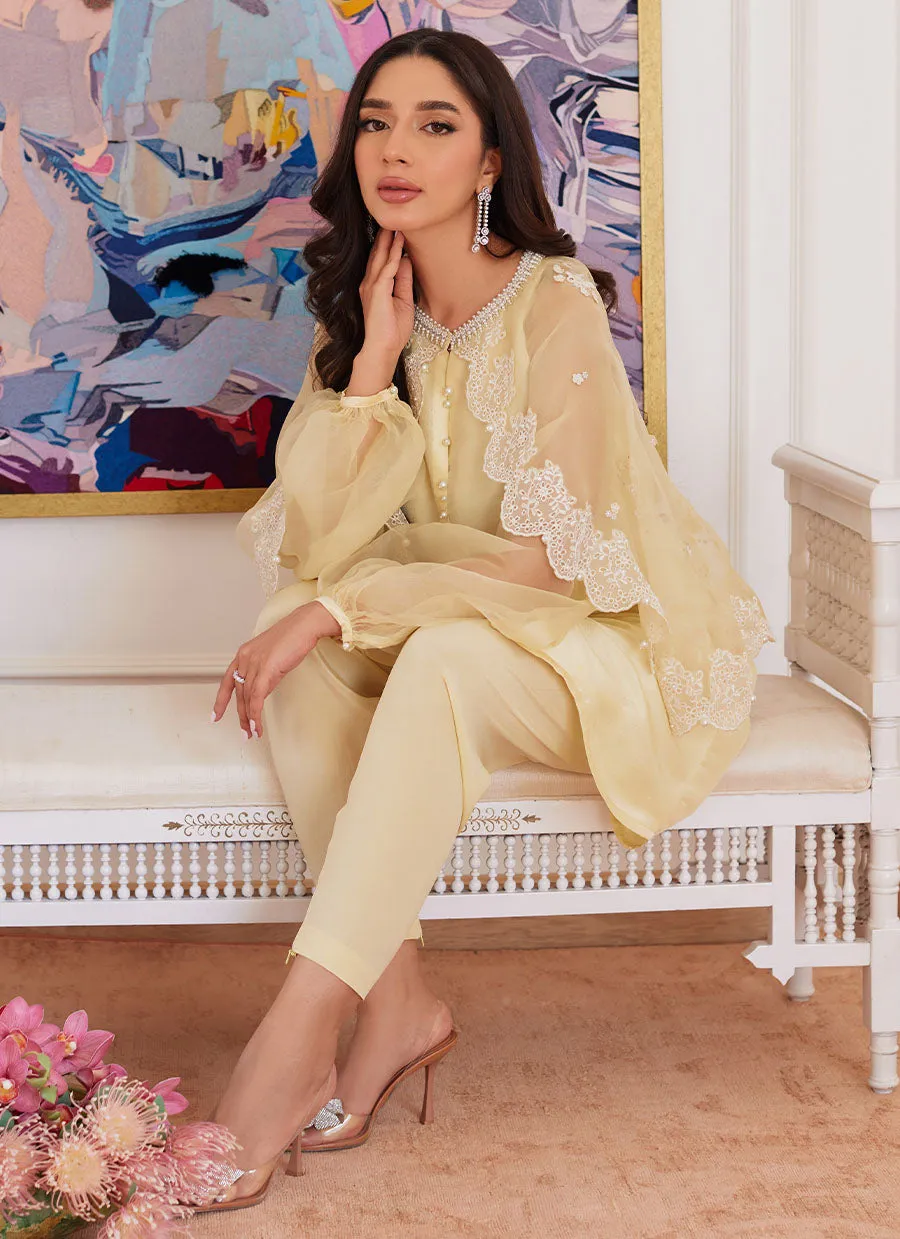 Esmeralda Pastel Yellow Raw Silk Shirt With Attached Cape