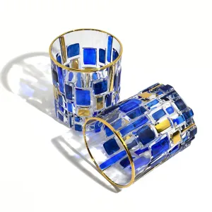 Etna Hand Painted Italian Crystal Short Glasses, Sapphire Blue & Gold