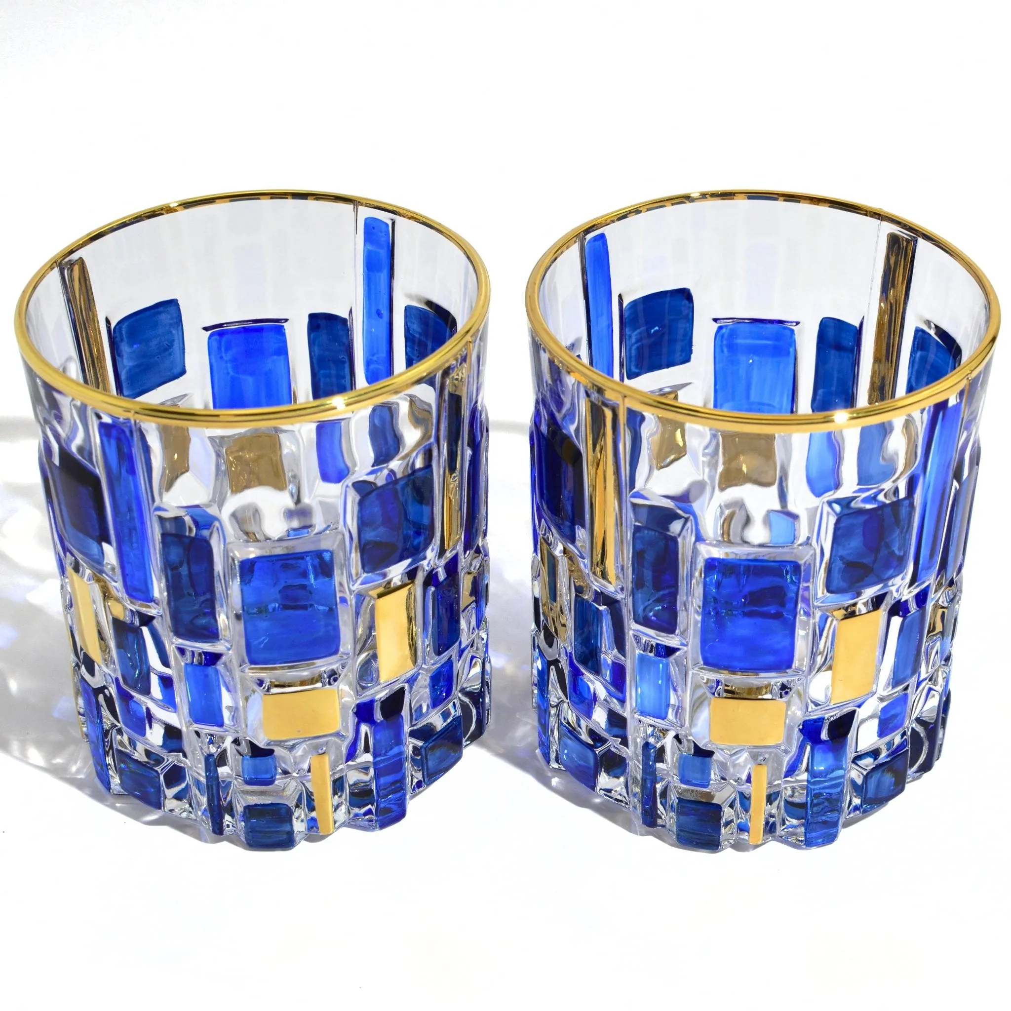 Etna Hand Painted Italian Crystal Short Glasses, Sapphire Blue & Gold