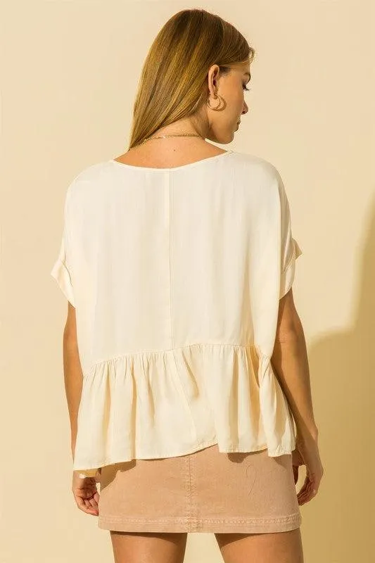 FINAL SALE -  Beige Short Sleeve Cuffed Woven Babydoll Top