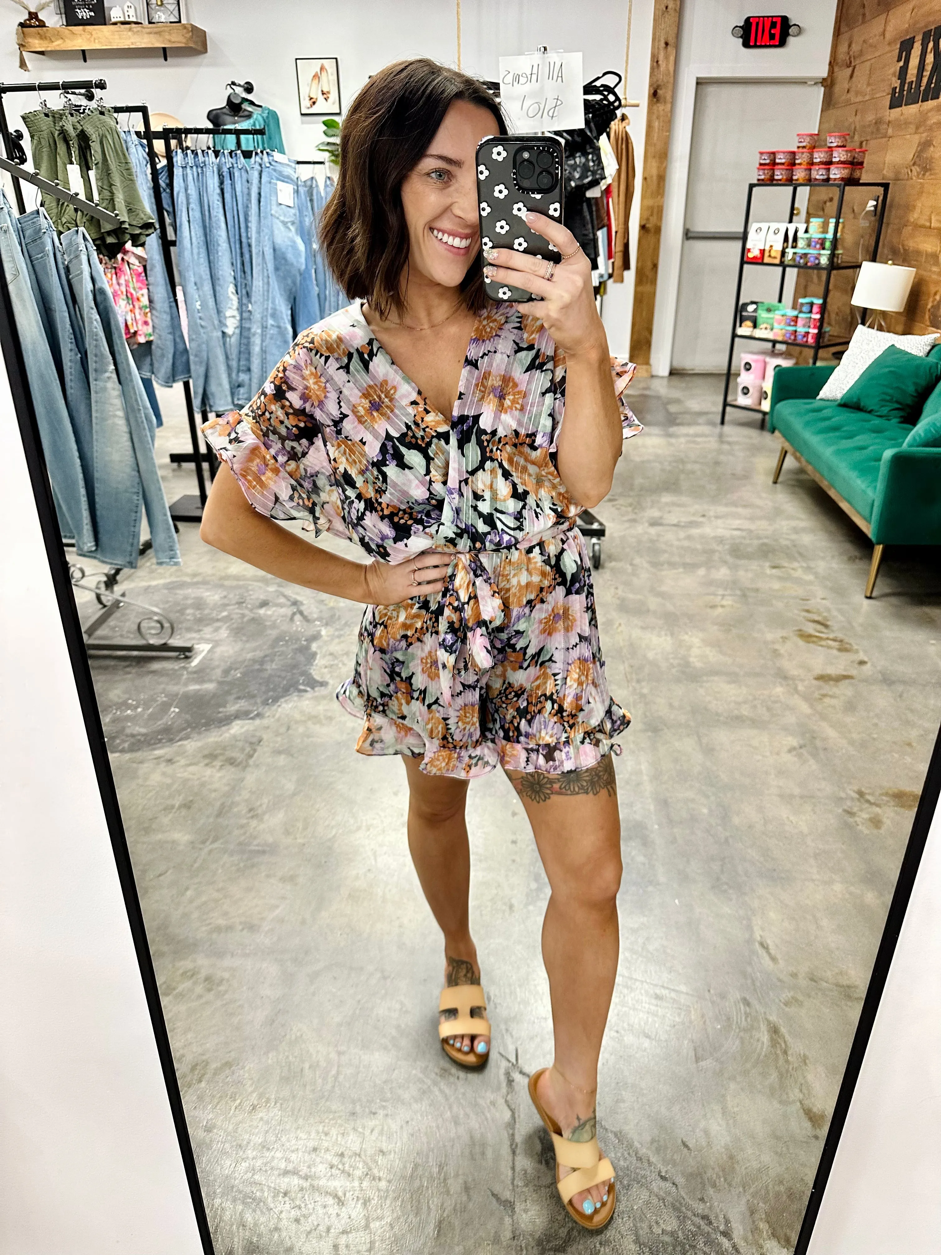 Floral Tie Belt Ruffled Romper