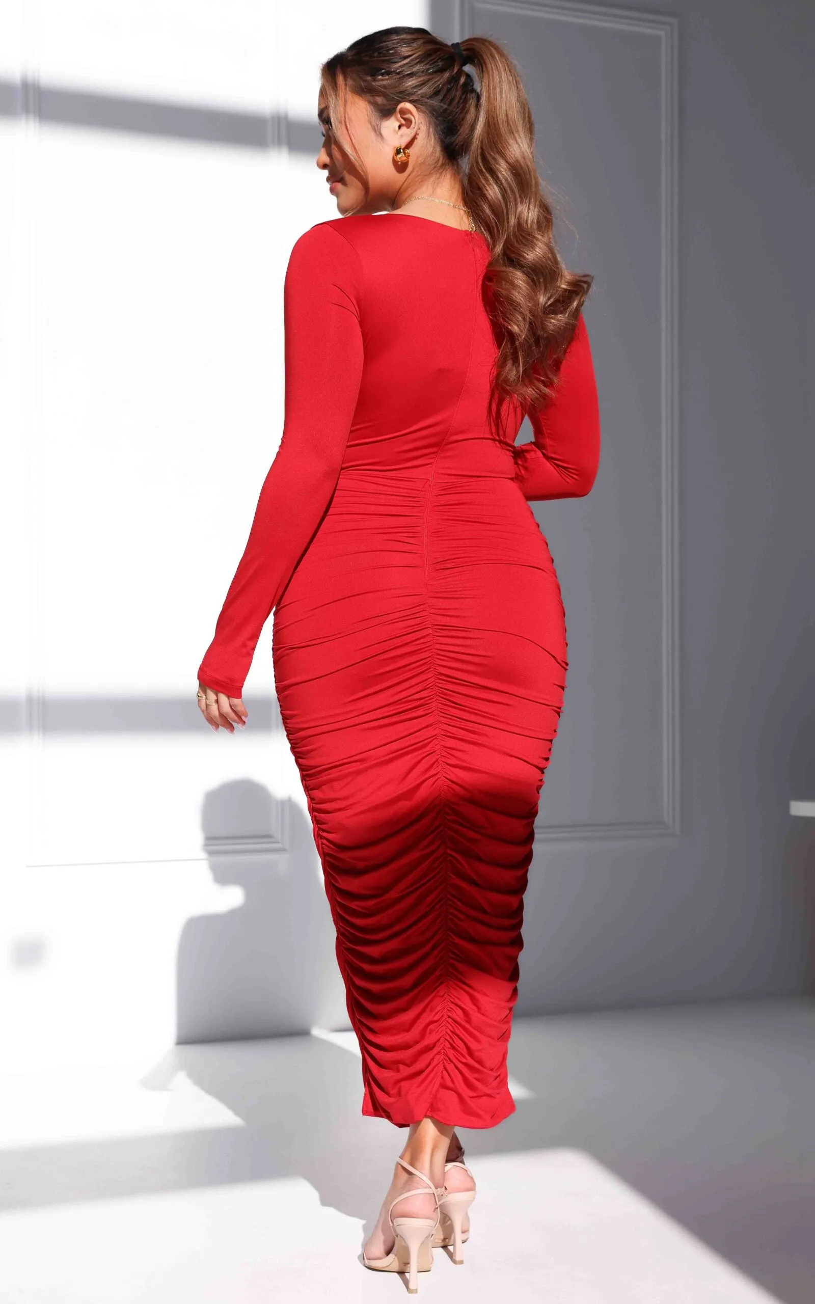 Frankie Long Sleeve Midi Dress - Lipstick Red