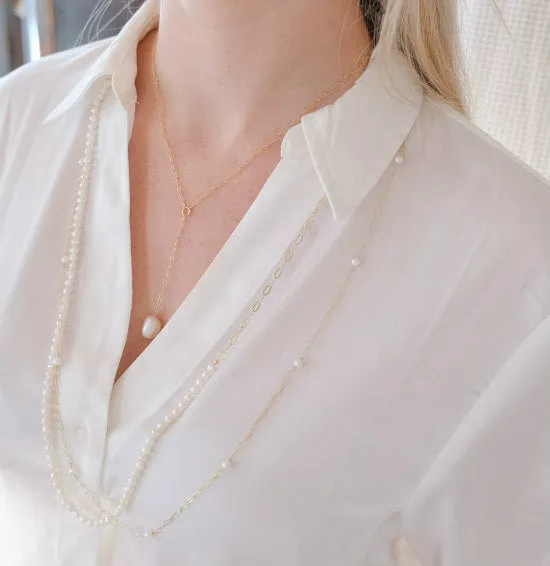 Gold-filled long chain with freshwater pearls