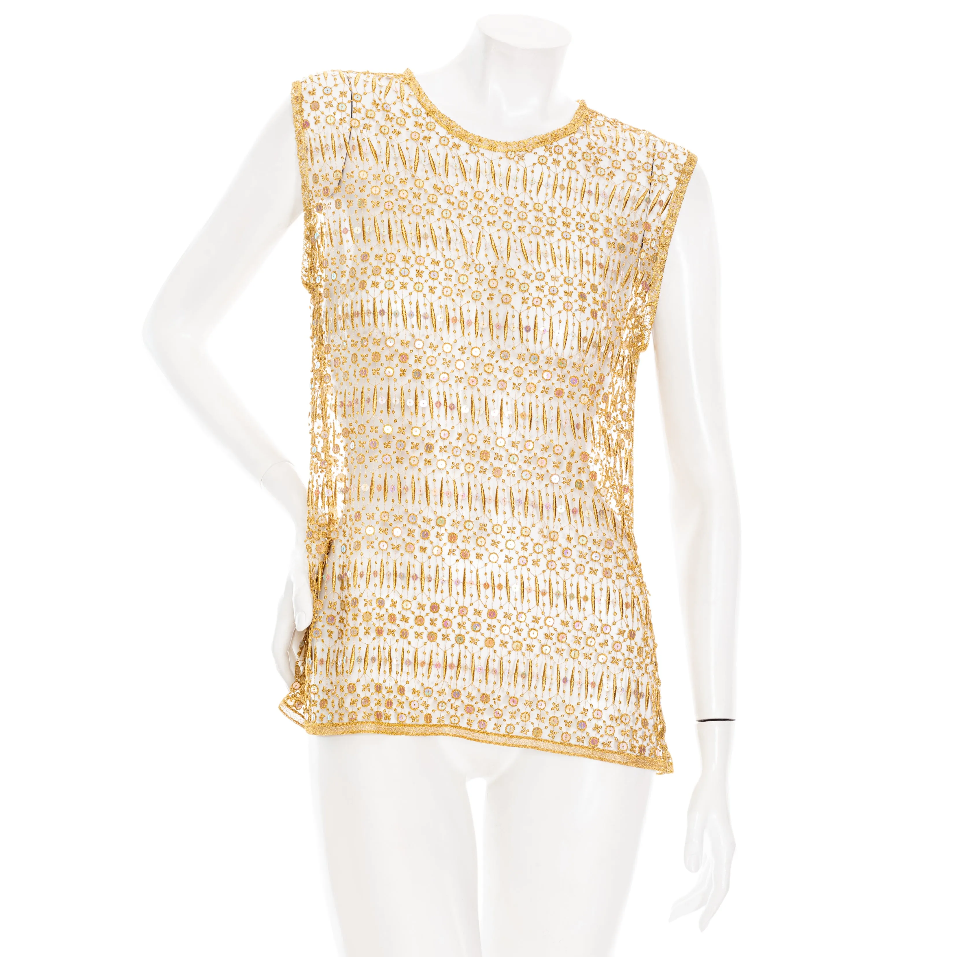 Gold Sequin Embellished Lace Sleeveless Top