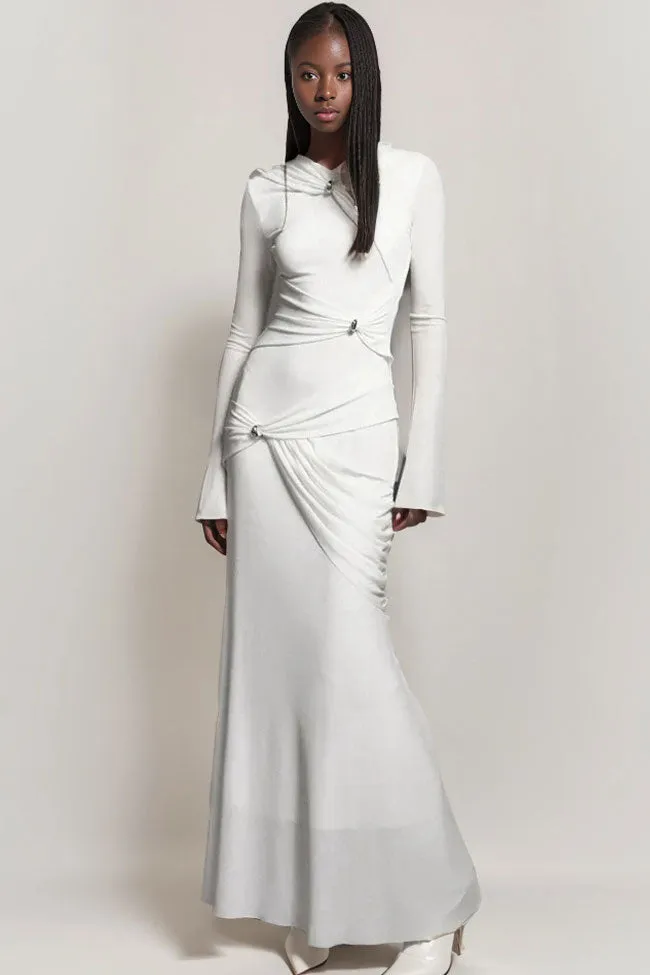 Graceful Metallic Knot Ruched Detail Jersey Fishtail Evening Maxi Dress