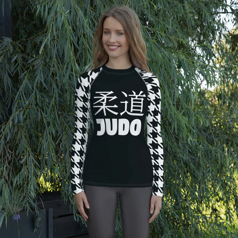 Graceful Strength: Women's Classic Judo Houndstooth BJJ Rash Guard Noir