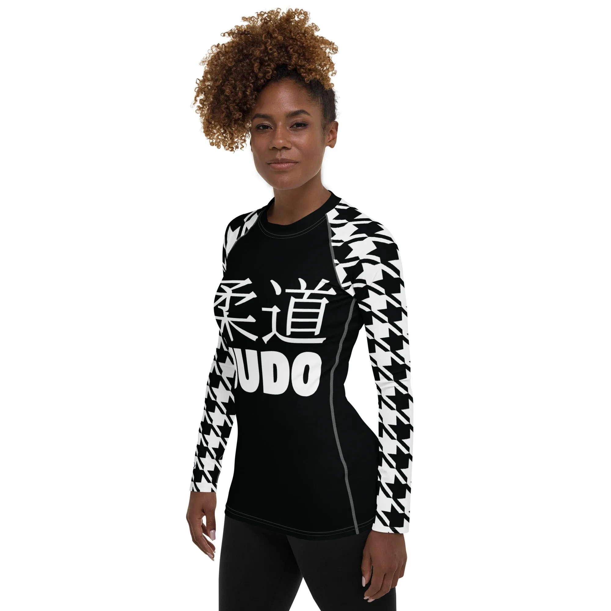 Graceful Strength: Women's Classic Judo Houndstooth BJJ Rash Guard Noir