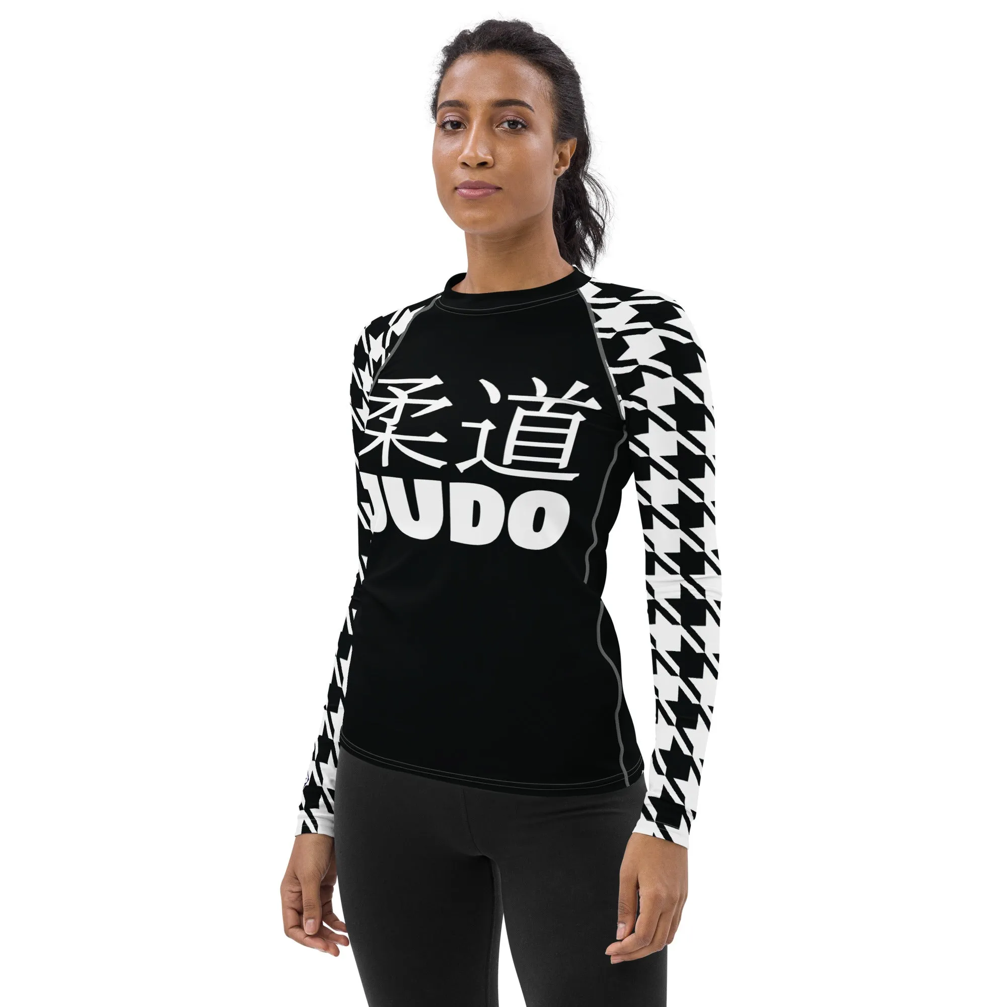 Graceful Strength: Women's Classic Judo Houndstooth BJJ Rash Guard Noir