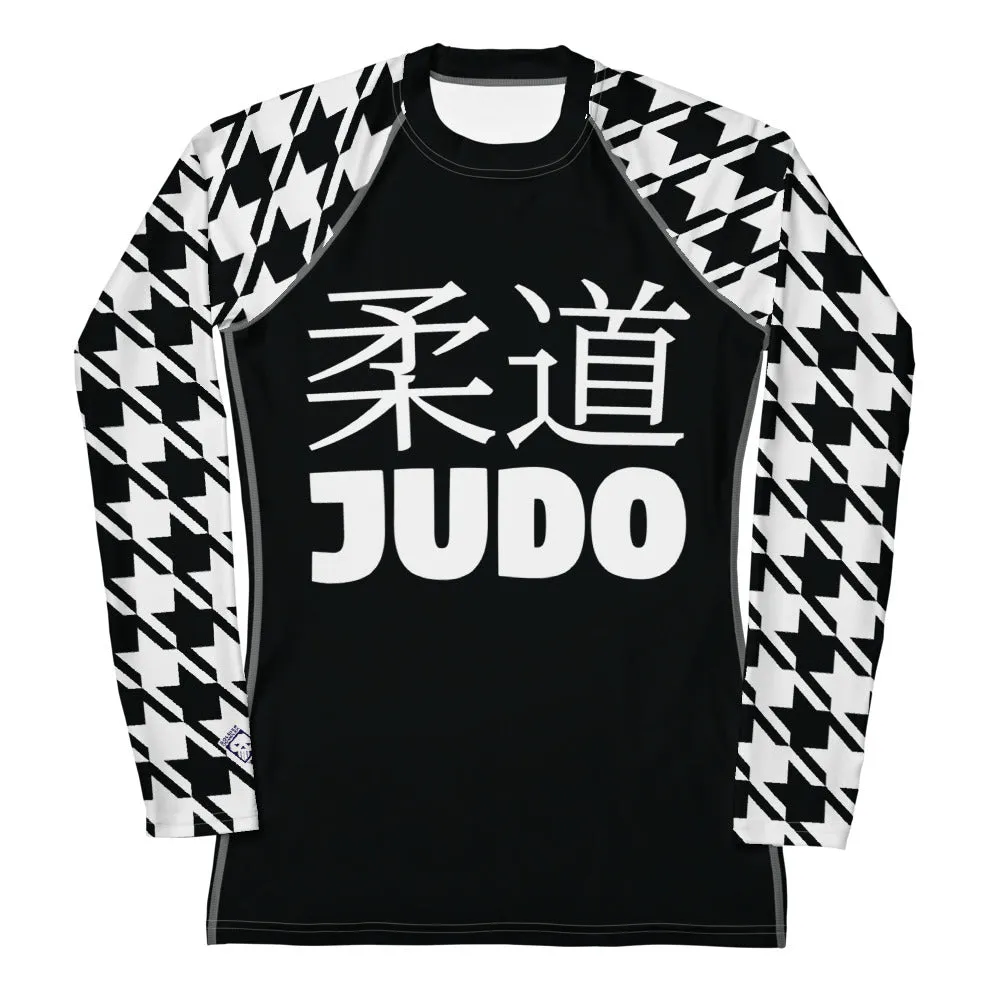 Graceful Strength: Women's Classic Judo Houndstooth BJJ Rash Guard Noir