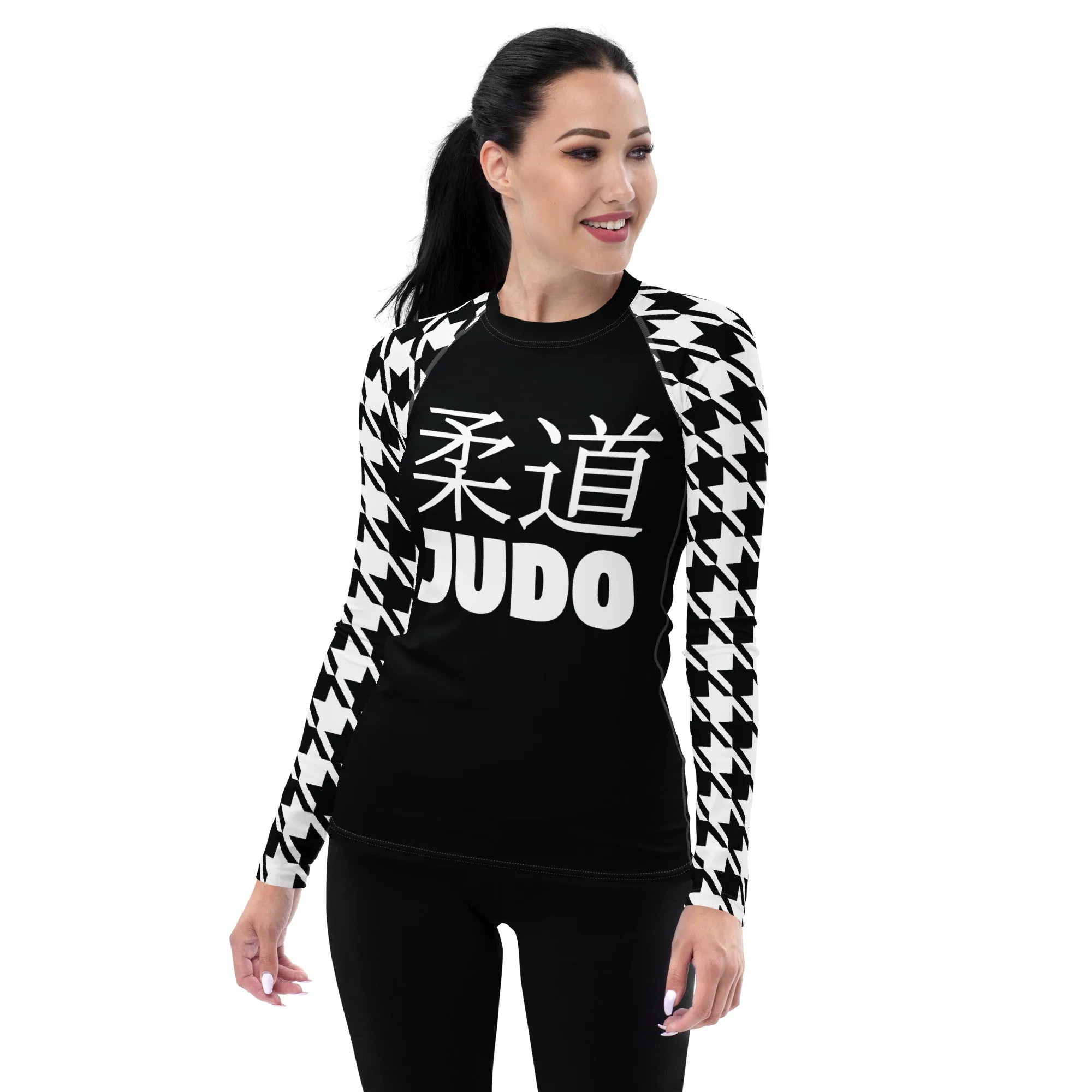 Graceful Strength: Women's Classic Judo Houndstooth BJJ Rash Guard Noir