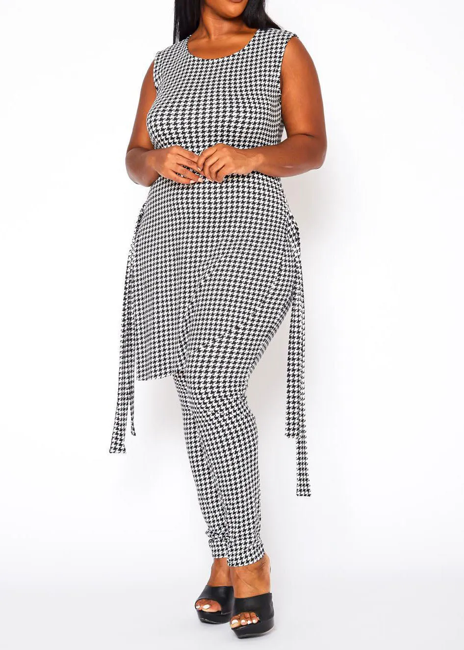 Hi curvy Plus Size Women Houndstooth Print Sleeveless Two Piece Set