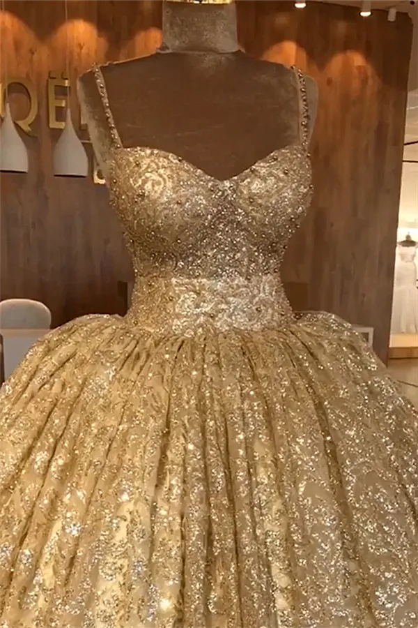 kamahe Spaghetti Straps Gold Beaded Lace Evening Dress Luxurious Ball Gown Princess Open Back Prom Party Gowns