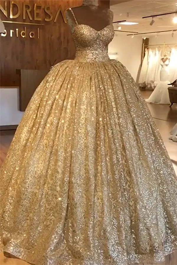 kamahe Spaghetti Straps Gold Beaded Lace Evening Dress Luxurious Ball Gown Princess Open Back Prom Party Gowns