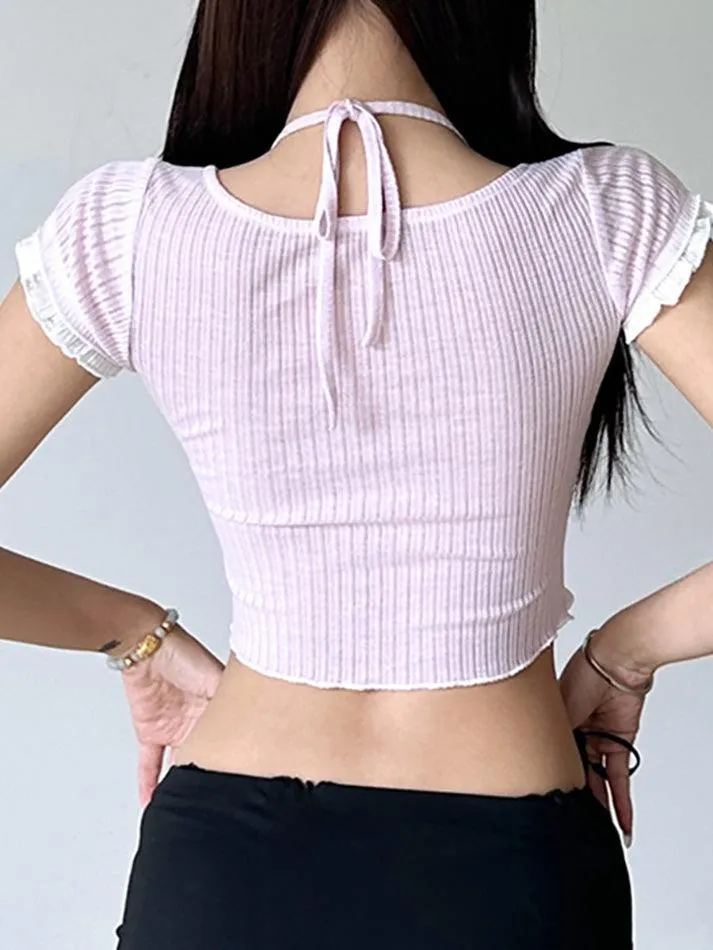 Lace Patchwork False Two Piece Neck Top