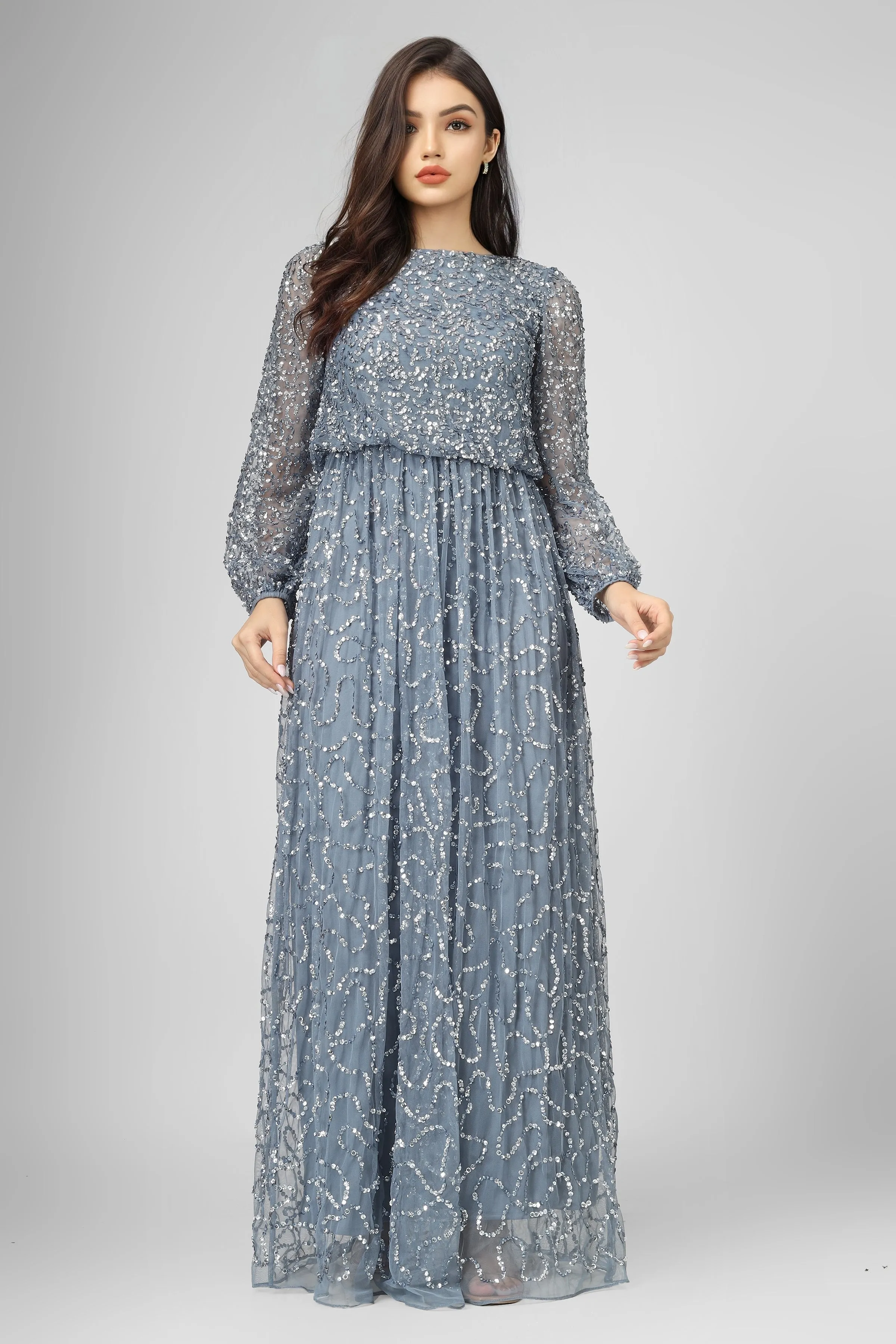 Melissa Long Sleeve Embellished Maxi Dress in Blue