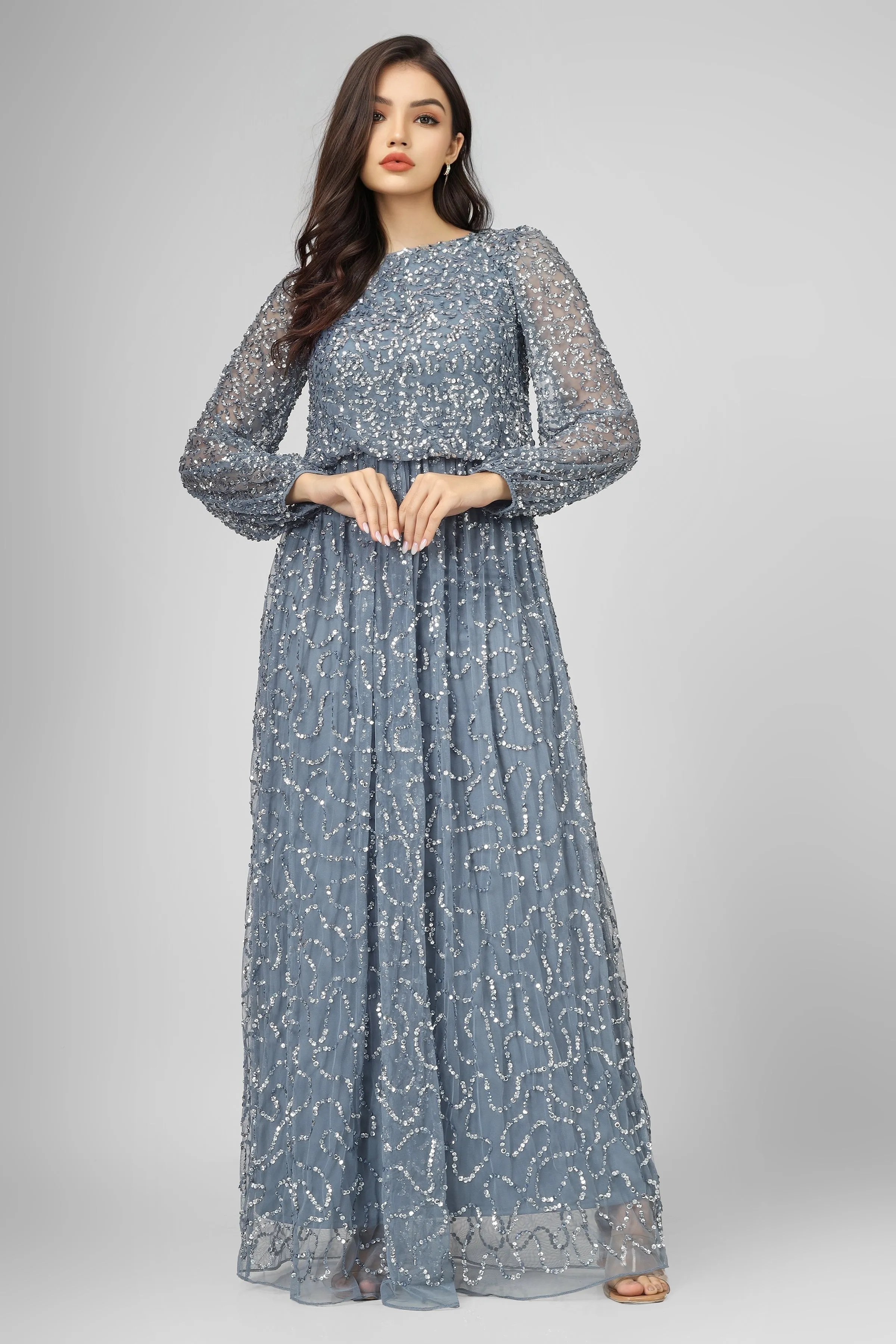 Melissa Long Sleeve Embellished Maxi Dress in Blue