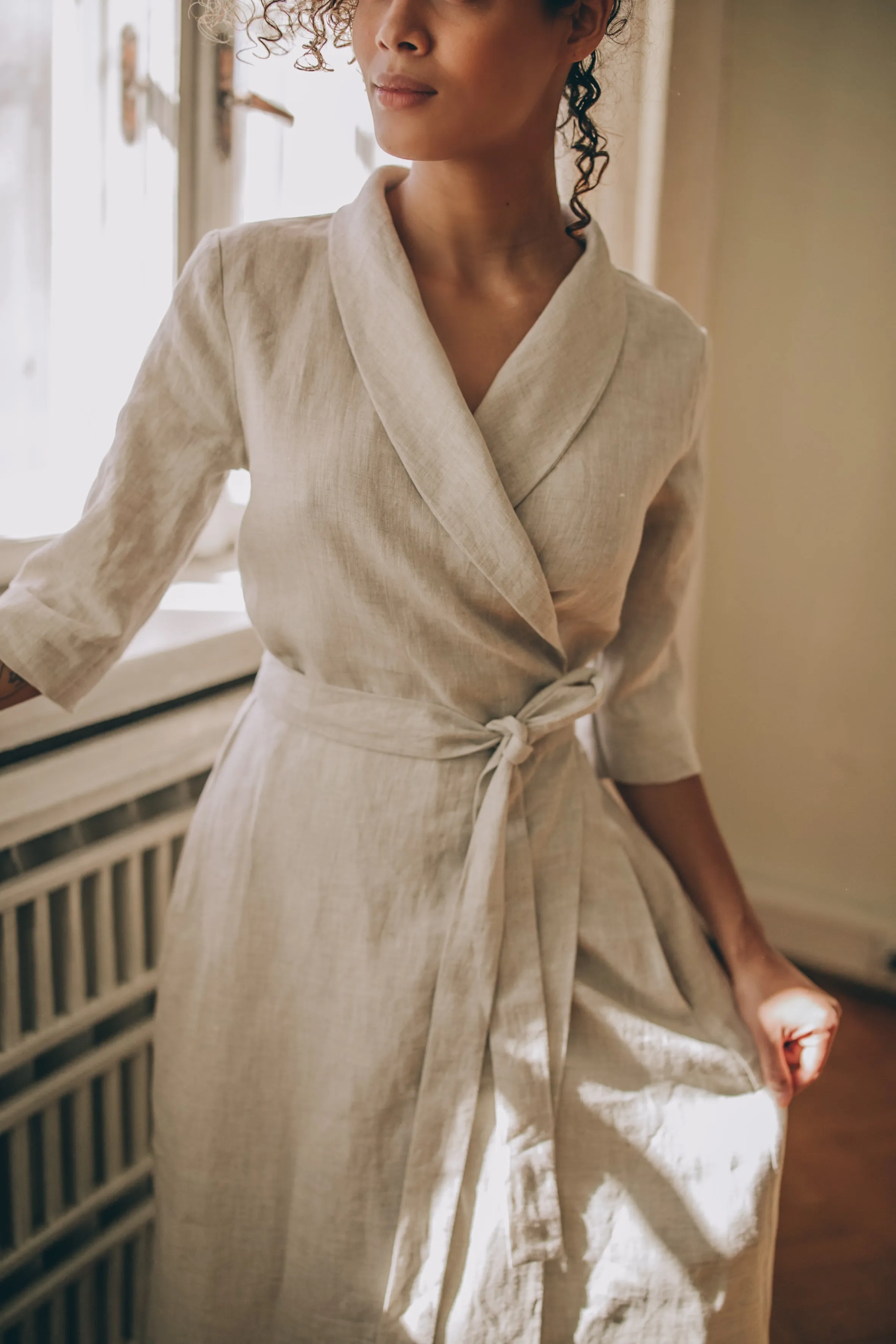 Midi Length Linen Dress with Tie Waist