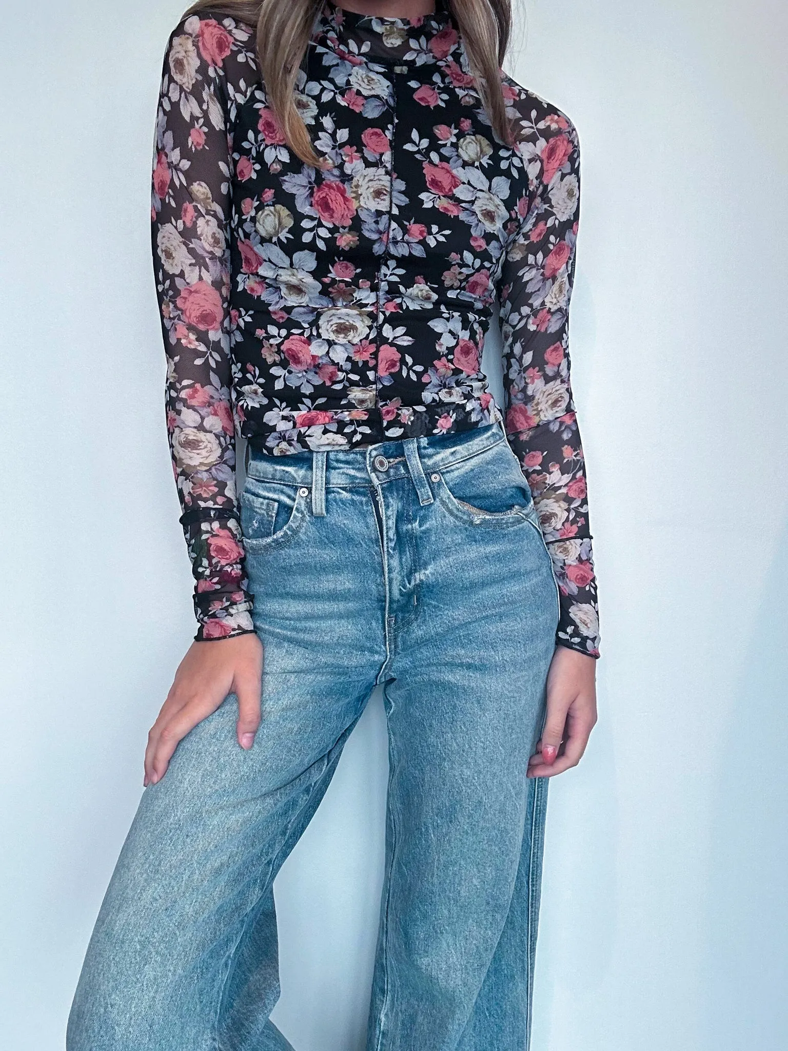 Mock Neck Floral Mesh Top