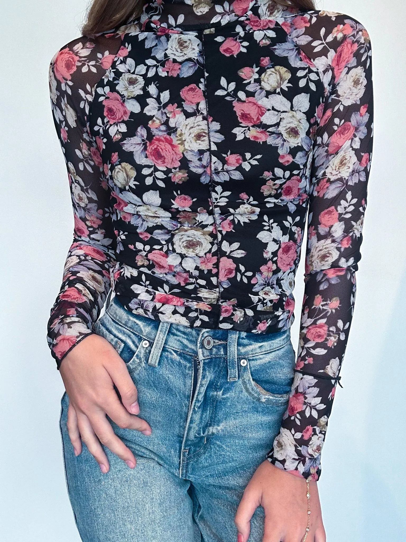 Mock Neck Floral Mesh Top