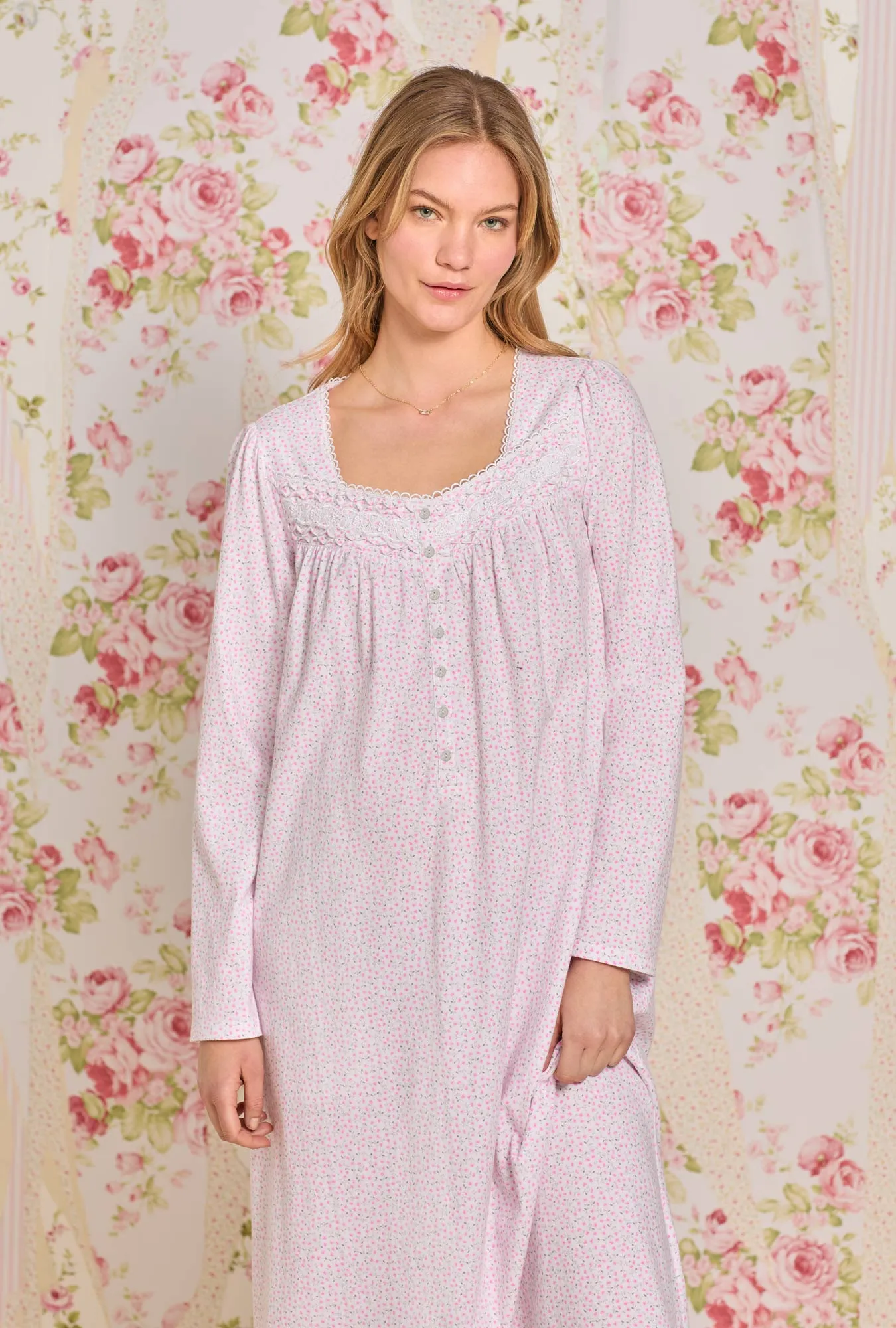 Pink Delicate Floral Cotton Long Sleeve Knit Nightgown